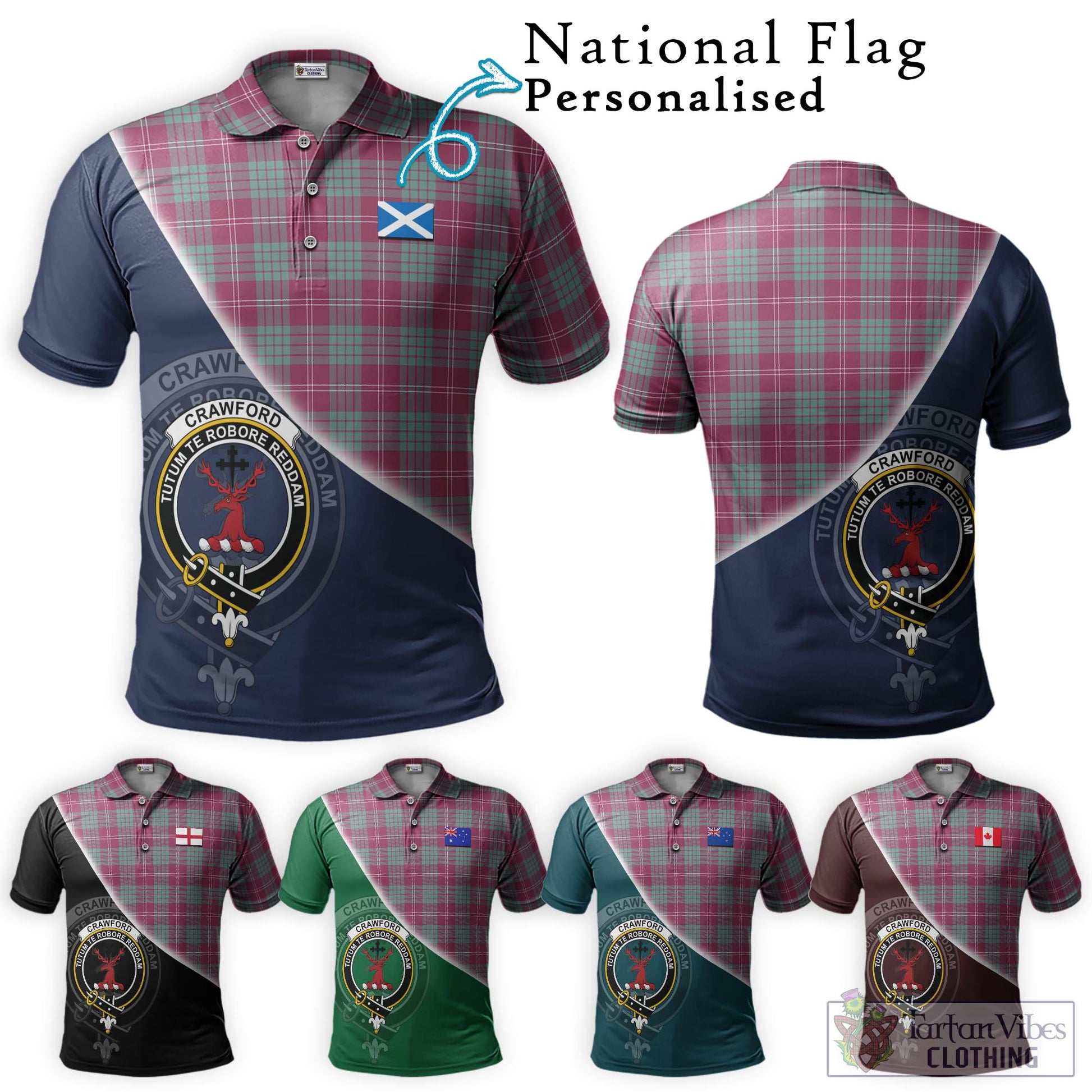 Tartan Vibes Clothing Crawford Ancient Tartan Polo Shirt with Personalised National Flag and Family Crest Half Style