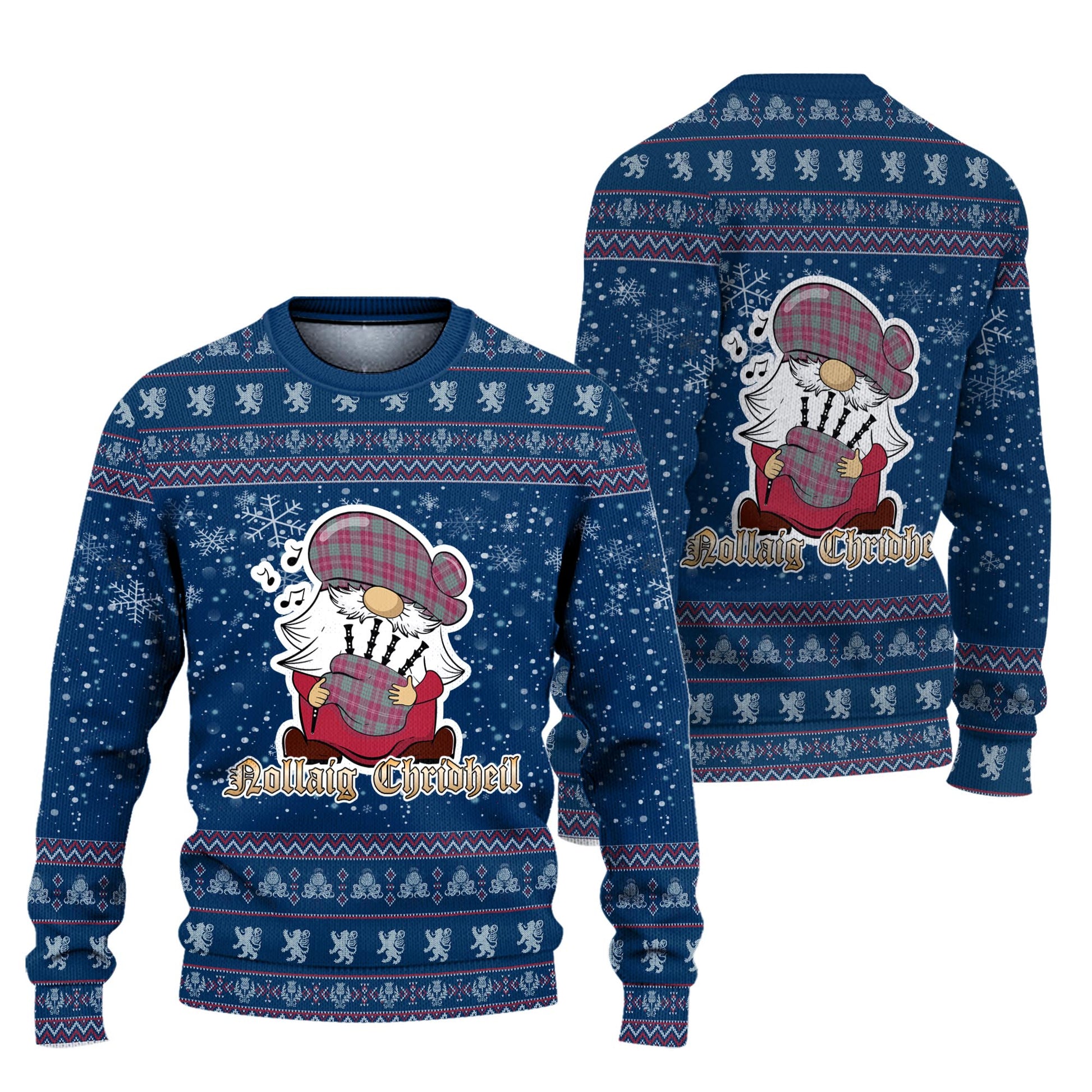 Crawford Ancient Clan Christmas Family Knitted Sweater with Funny Gnome Playing Bagpipes Unisex Blue - Tartanvibesclothing