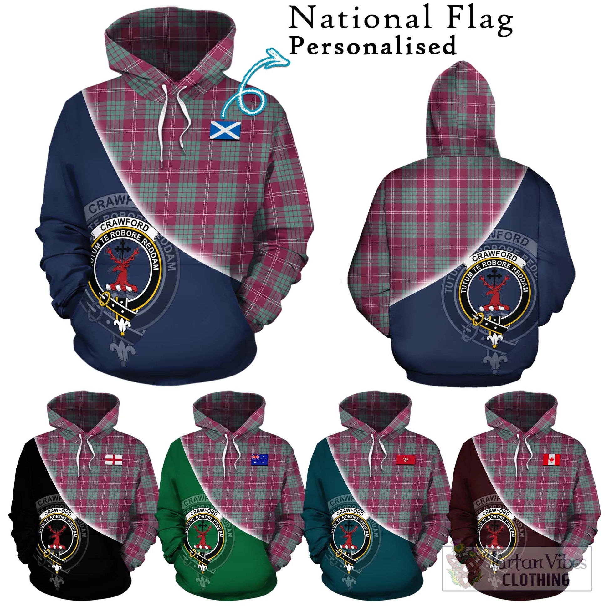 Tartan Vibes Clothing Crawford Ancient Tartan Hoodie with Personalised National Flag and Family Crest Half Style