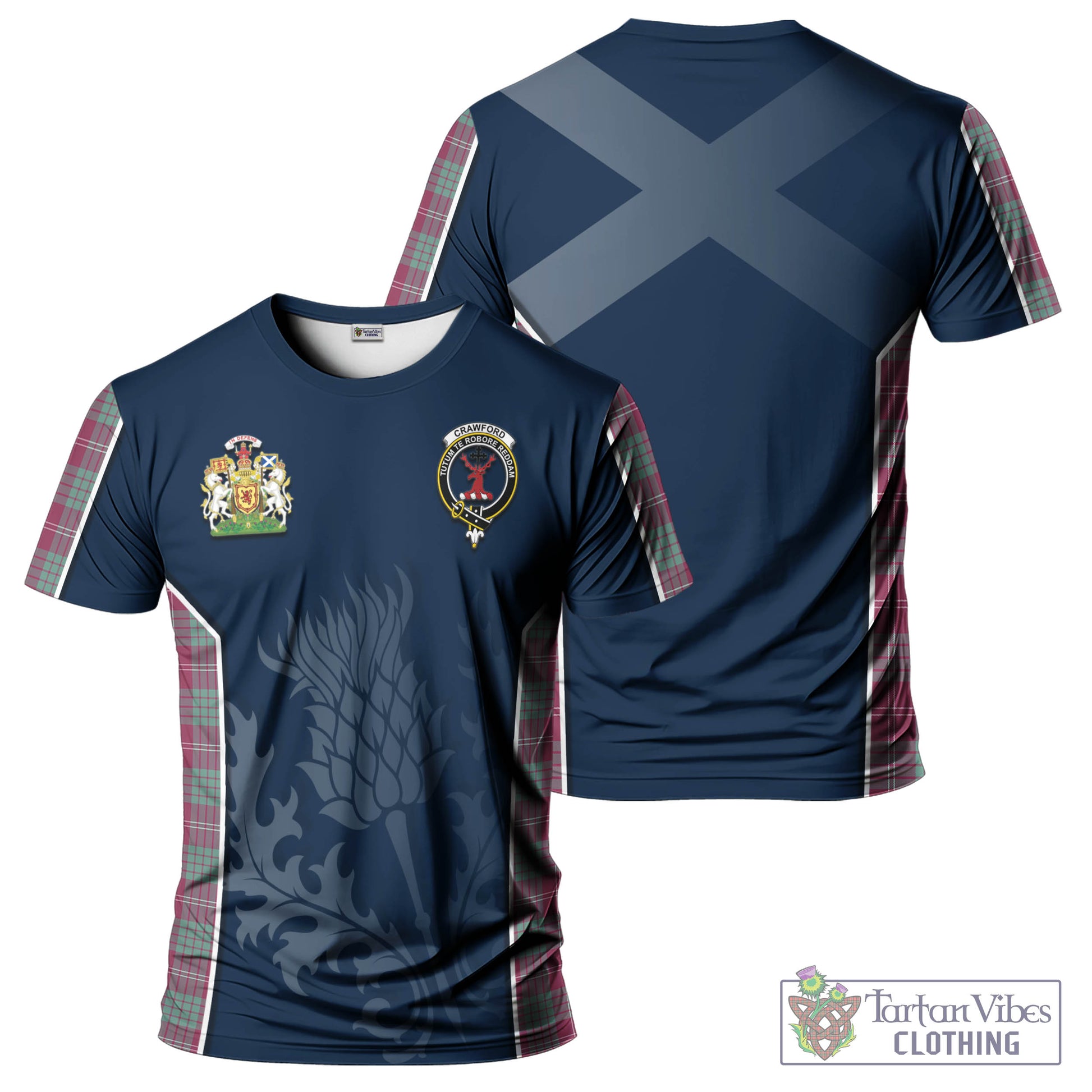 Tartan Vibes Clothing Crawford Ancient Tartan T-Shirt with Family Crest and Scottish Thistle Vibes Sport Style