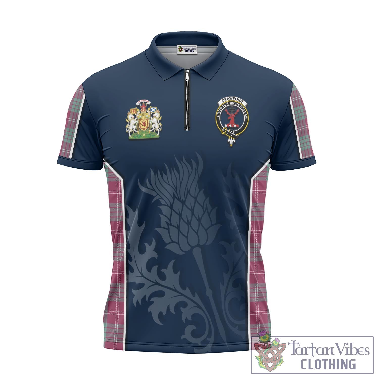 Tartan Vibes Clothing Crawford Ancient Tartan Zipper Polo Shirt with Family Crest and Scottish Thistle Vibes Sport Style