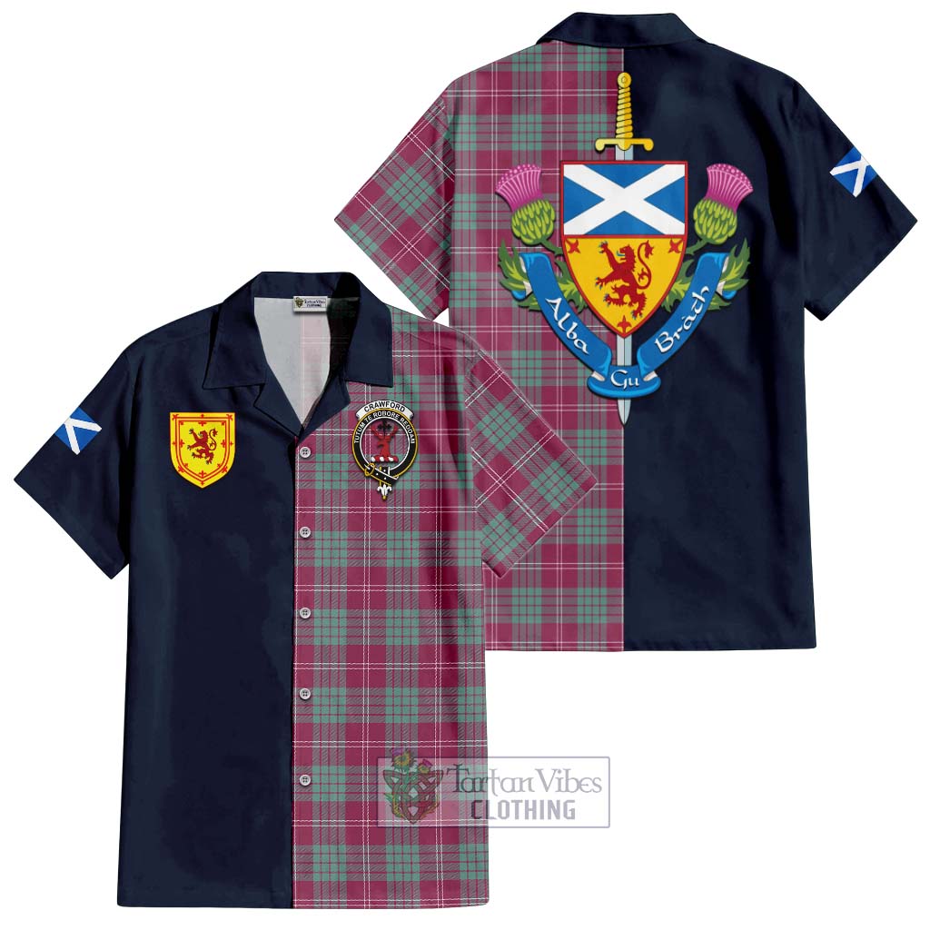 Tartan Vibes Clothing Crawford Ancient Tartan Short Sleeve Button Shirt with Scottish Lion Royal Arm Half Style