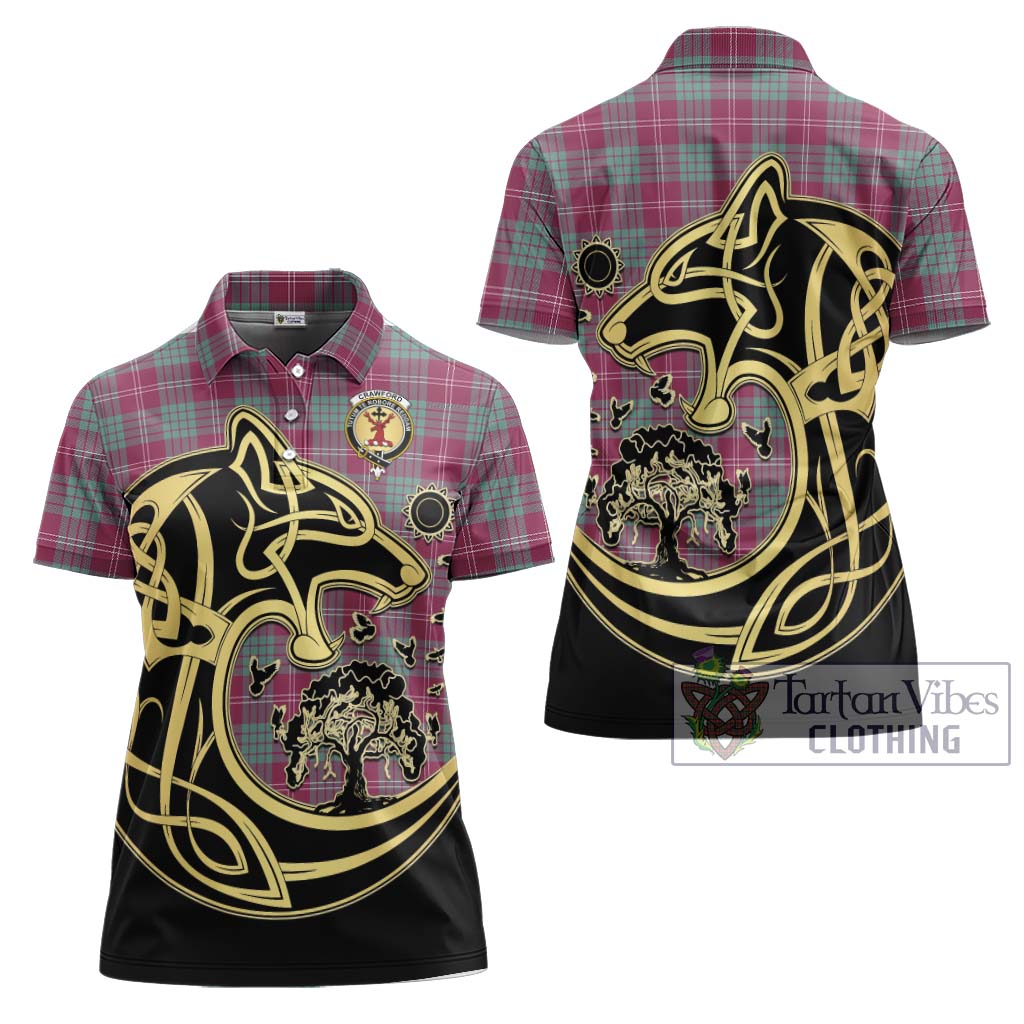 Tartan Vibes Clothing Crawford Ancient Tartan Women's Polo Shirt with Family Crest Celtic Wolf Style