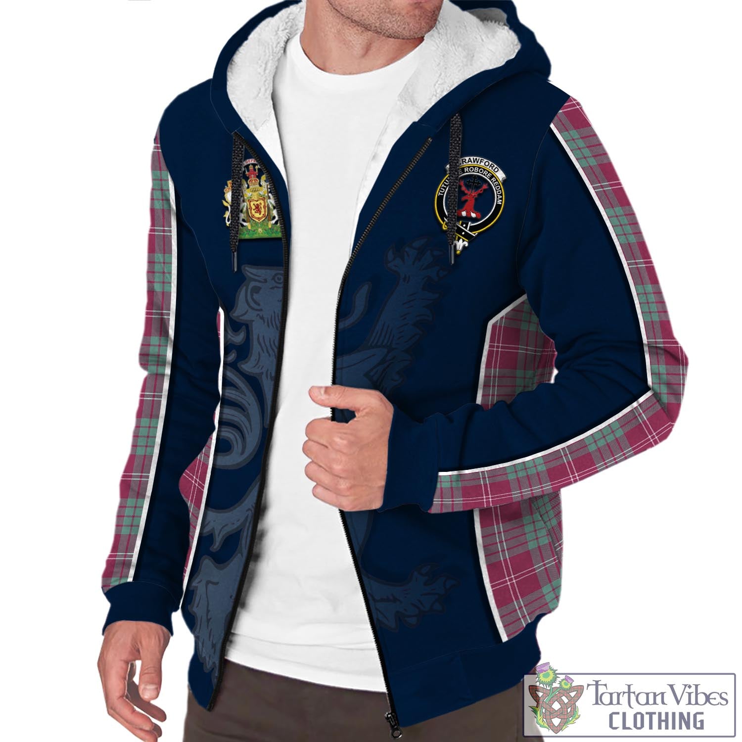 Tartan Vibes Clothing Crawford Ancient Tartan Sherpa Hoodie with Family Crest and Lion Rampant Vibes Sport Style