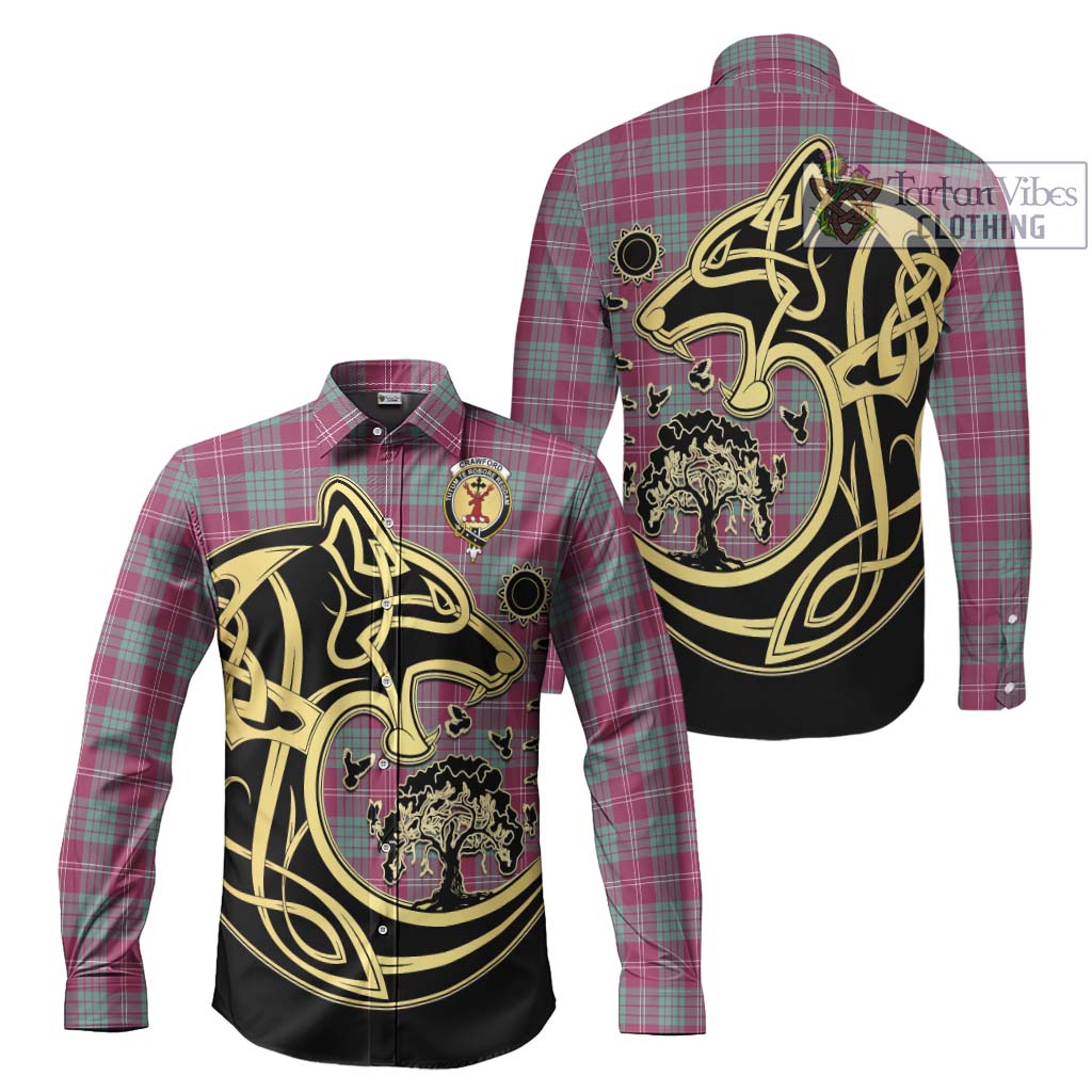 Tartan Vibes Clothing Crawford Ancient Tartan Long Sleeve Button Shirt with Family Crest Celtic Wolf Style