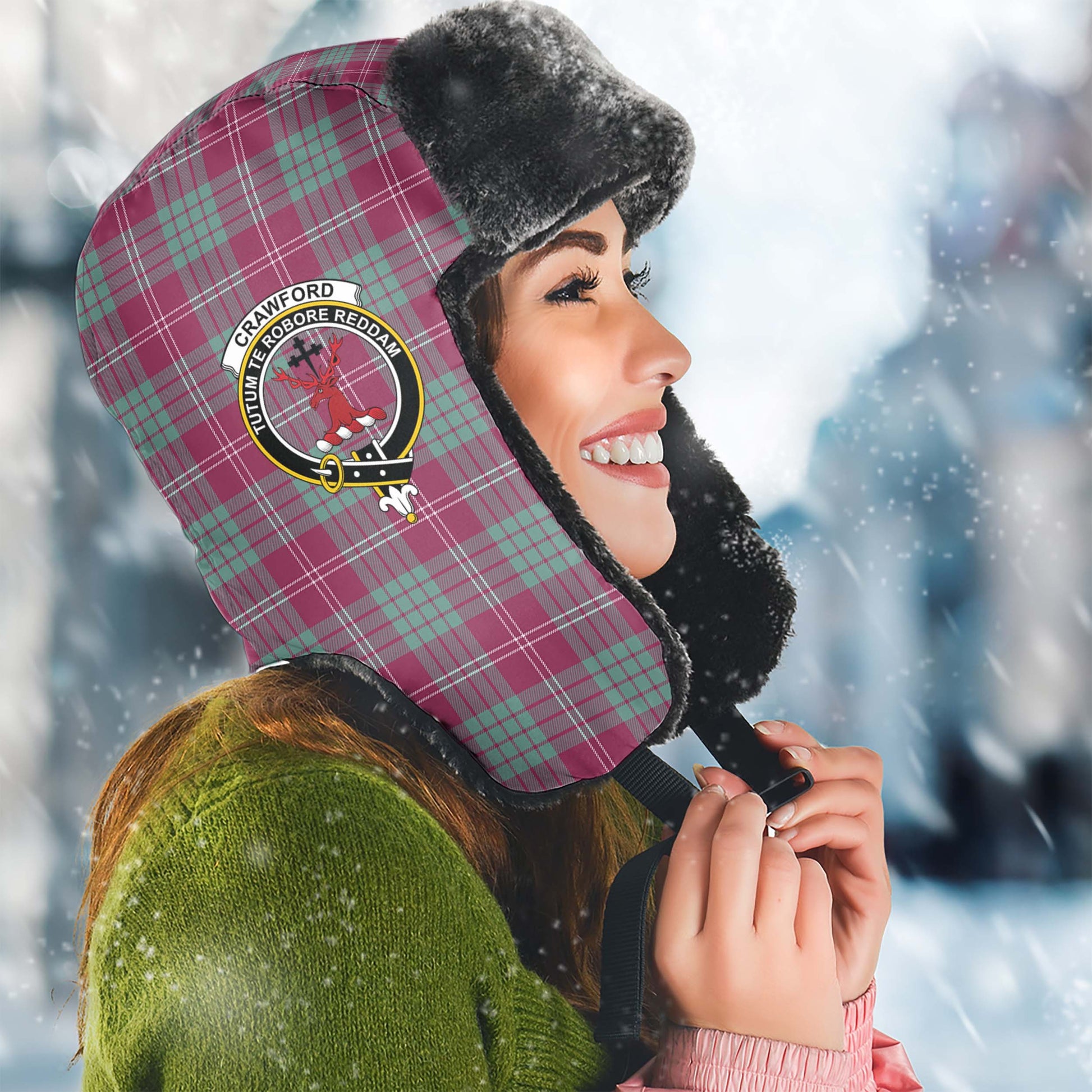 Crawford Ancient Tartan Winter Trapper Hat with Family Crest Winter Trapper Hat Universal Fit Circumference 22.8in (58cm) - Tartanvibesclothing