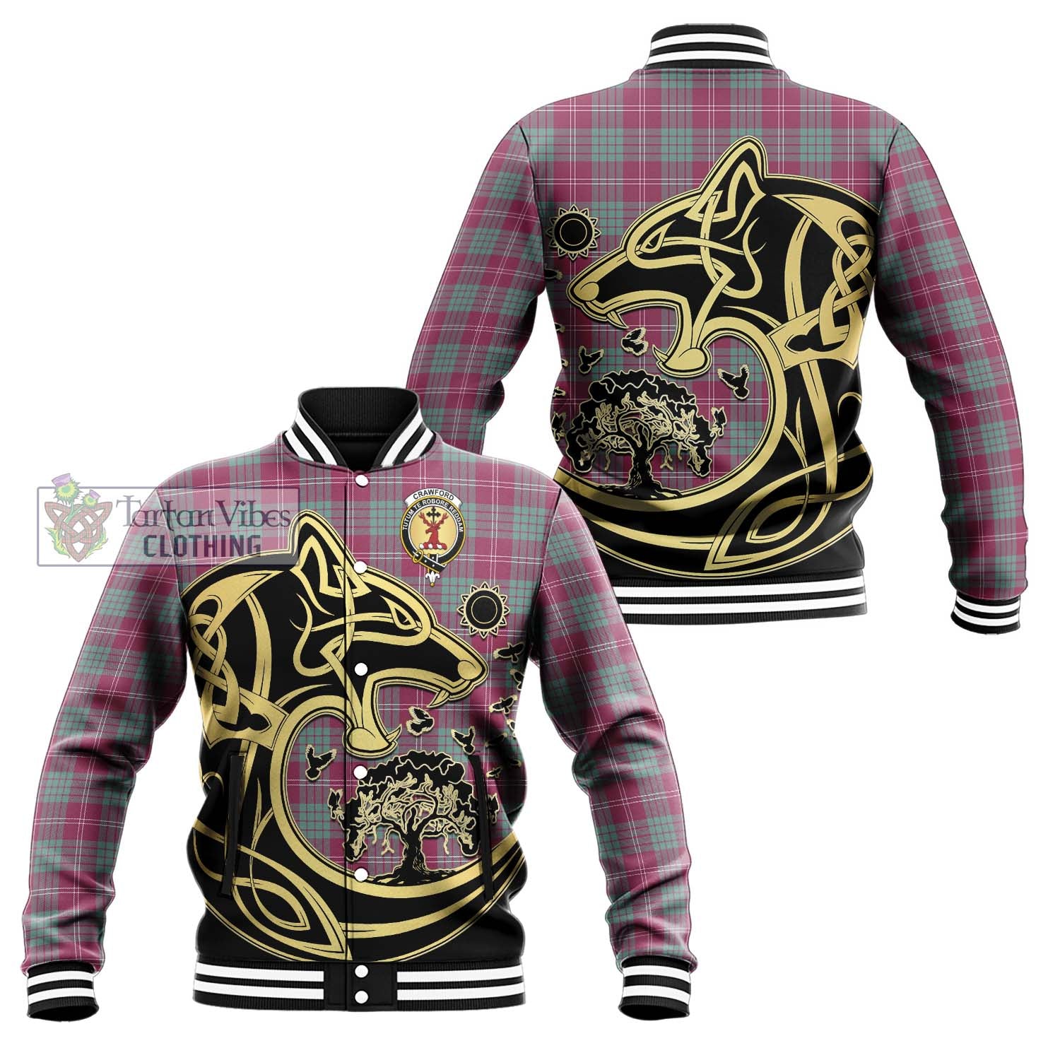 Tartan Vibes Clothing Crawford Ancient Tartan Baseball Jacket with Family Crest Celtic Wolf Style