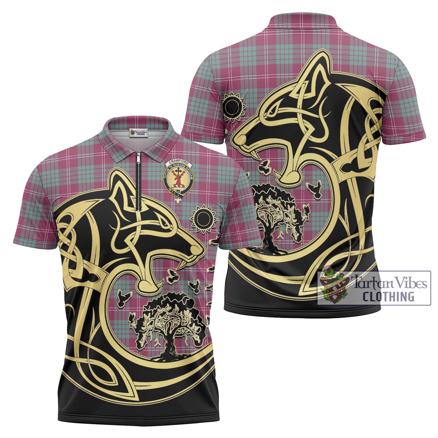 Tartan Vibes Clothing Crawford Ancient Tartan Zipper Polo Shirt with Family Crest Celtic Wolf Style