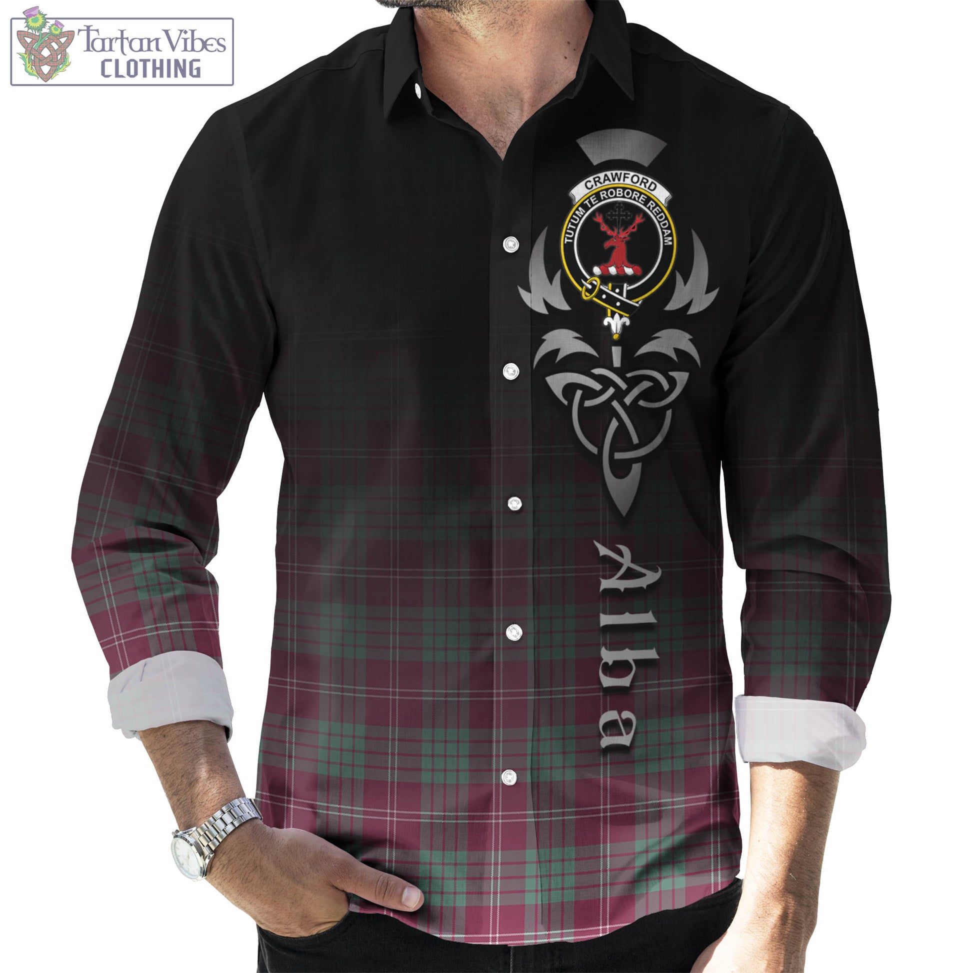 Tartan Vibes Clothing Crawford Ancient Tartan Long Sleeve Button Up Featuring Alba Gu Brath Family Crest Celtic Inspired