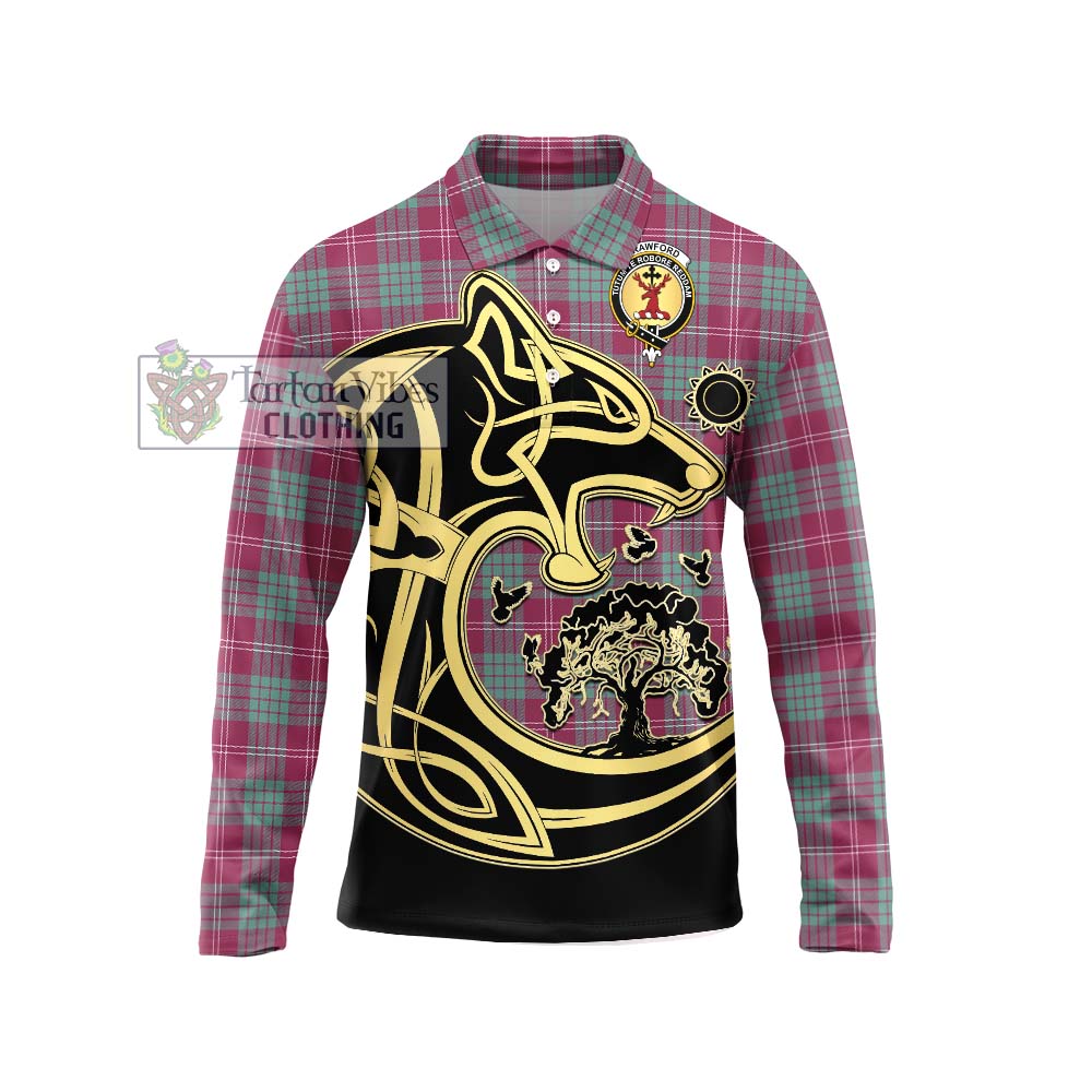 Tartan Vibes Clothing Crawford Ancient Tartan Long Sleeve Polo Shirt with Family Crest Celtic Wolf Style