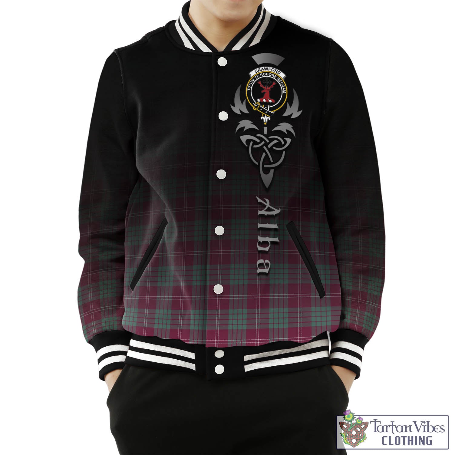 Tartan Vibes Clothing Crawford Ancient Tartan Baseball Jacket Featuring Alba Gu Brath Family Crest Celtic Inspired