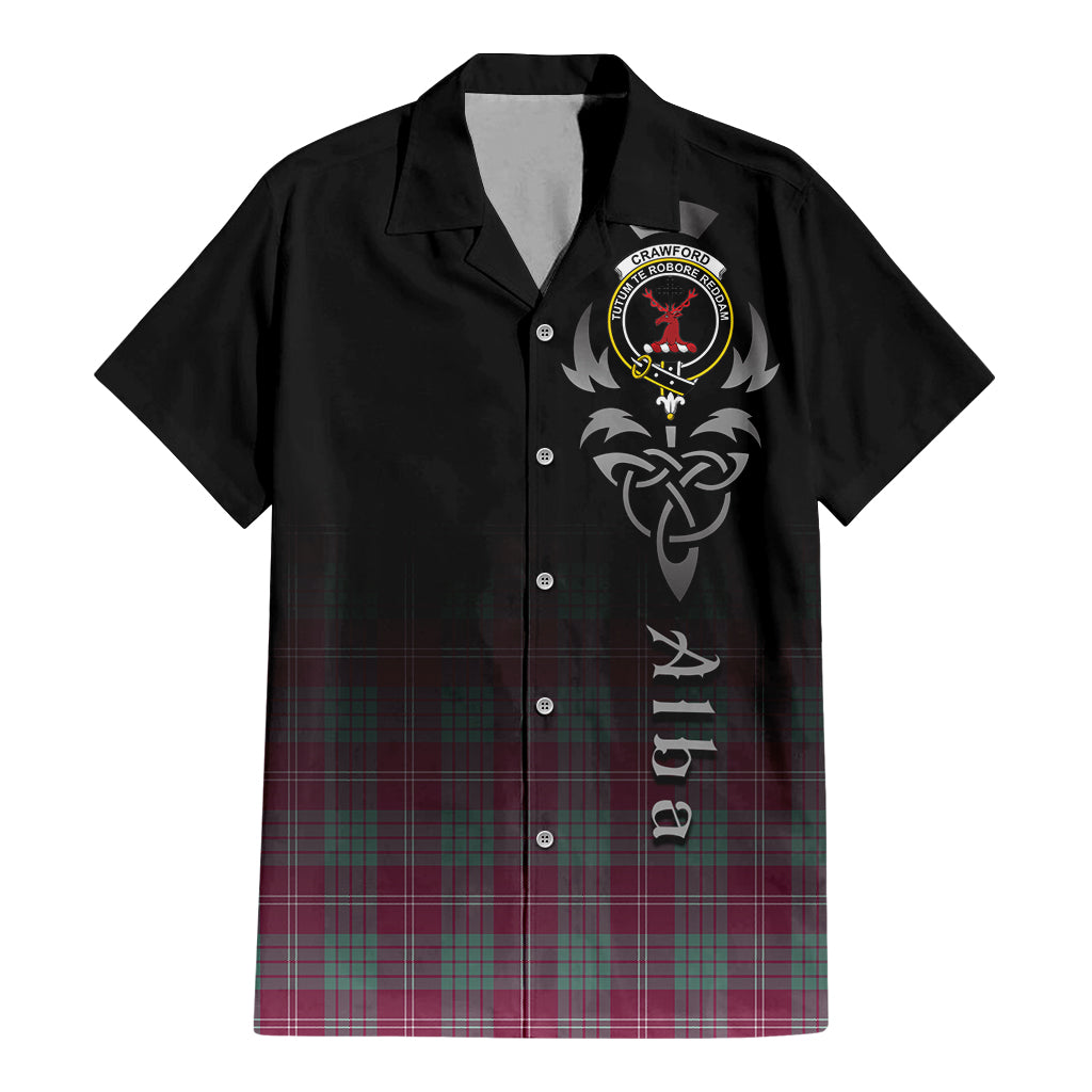 Tartan Vibes Clothing Crawford Ancient Tartan Short Sleeve Button Up Featuring Alba Gu Brath Family Crest Celtic Inspired