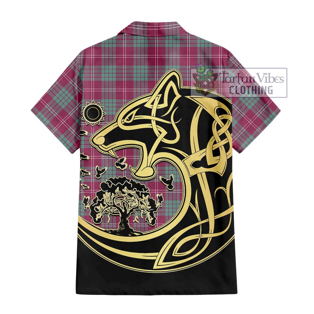 Tartan Vibes Clothing Crawford Ancient Tartan Short Sleeve Button Shirt with Family Crest Celtic Wolf Style