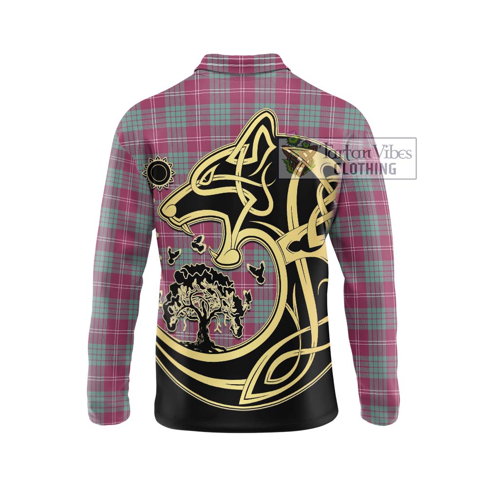 Tartan Vibes Clothing Crawford Ancient Tartan Long Sleeve Polo Shirt with Family Crest Celtic Wolf Style