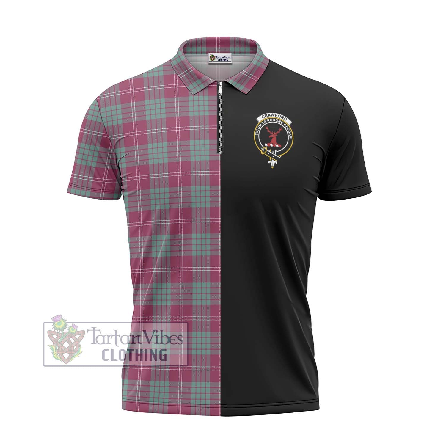 Tartan Vibes Clothing Crawford Ancient Tartan Zipper Polo Shirt with Family Crest and Half Of Me Style