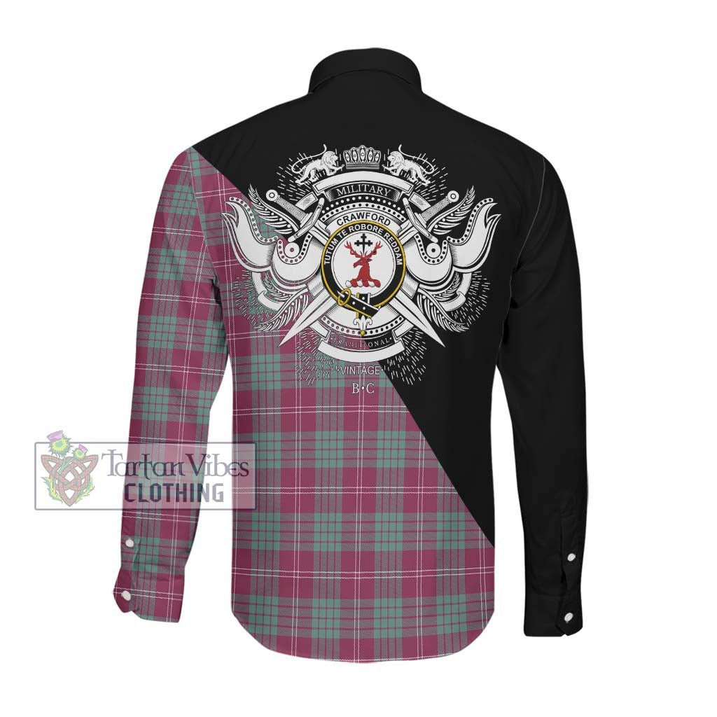 Tartan Vibes Clothing Crawford Ancient Tartan Long Sleeve Button Shirt with Family Crest and Military Logo Style