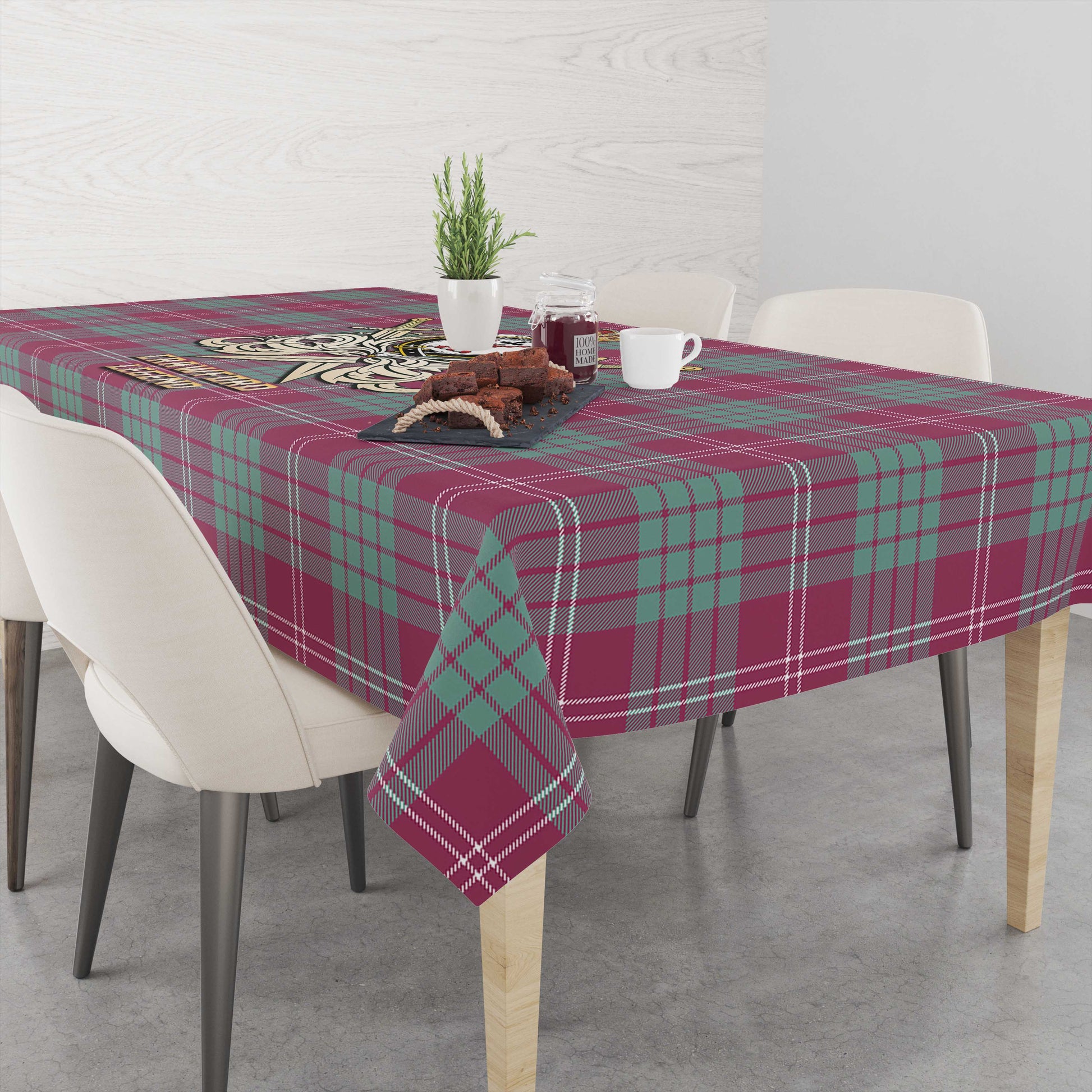 Tartan Vibes Clothing Crawford Ancient Tartan Tablecloth with Clan Crest and the Golden Sword of Courageous Legacy