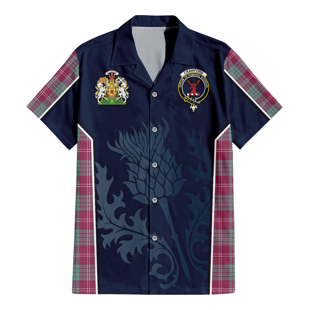 Tartan Vibes Clothing Crawford Ancient Tartan Short Sleeve Button Up Shirt with Family Crest and Scottish Thistle Vibes Sport Style