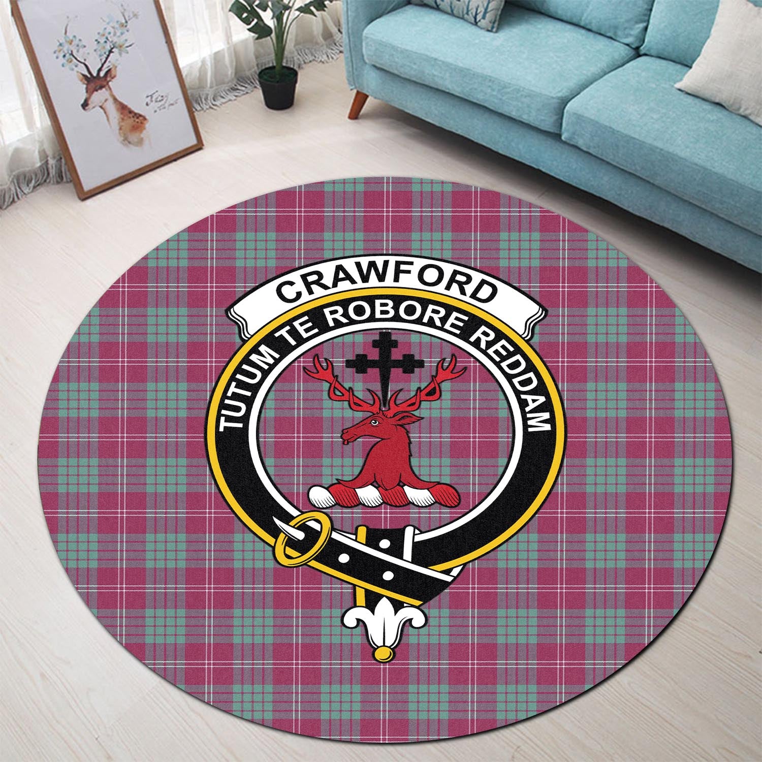 Crawford Ancient Tartan Round Rug with Family Crest - Tartanvibesclothing