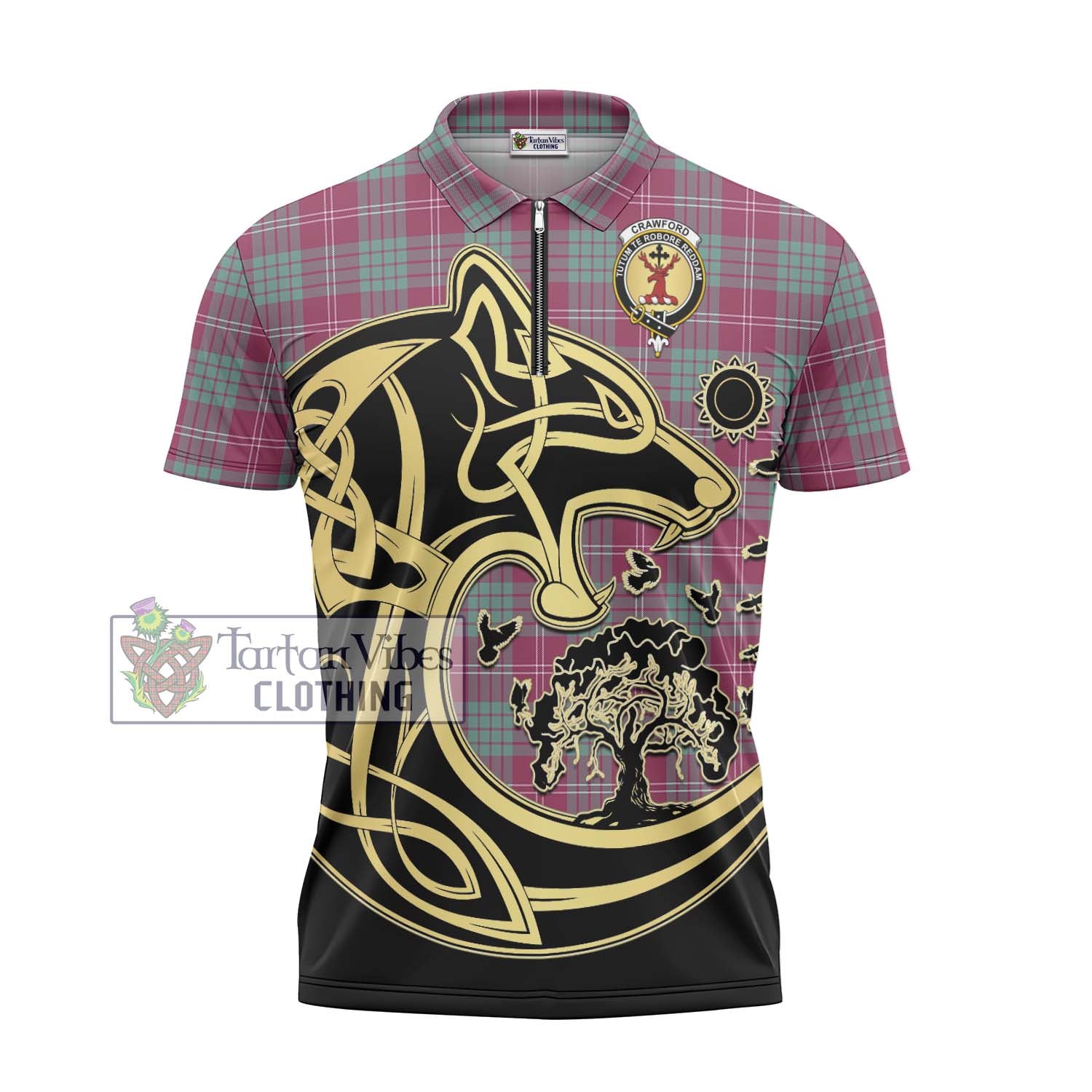 Tartan Vibes Clothing Crawford Ancient Tartan Zipper Polo Shirt with Family Crest Celtic Wolf Style