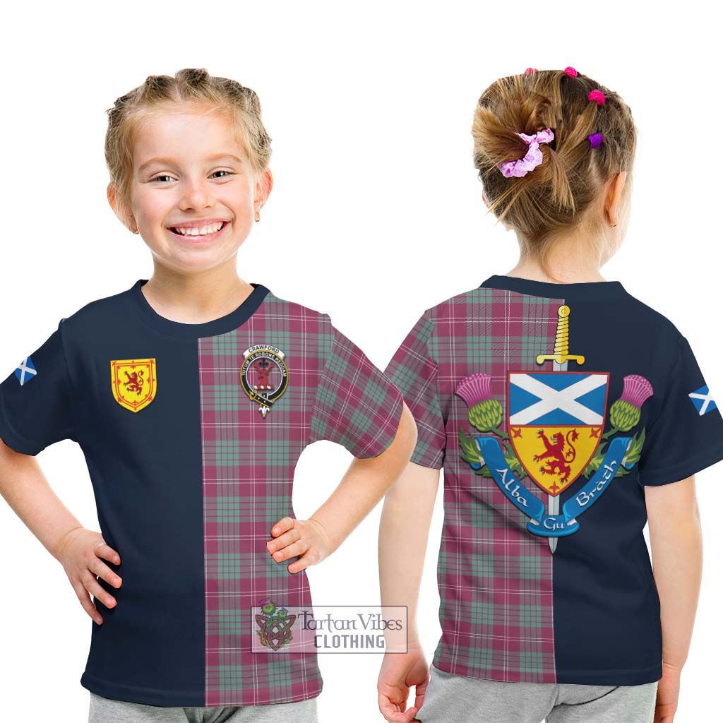 Tartan Vibes Clothing Crawford Ancient Tartan Kid T-Shirt with Scottish Lion Royal Arm Half Style