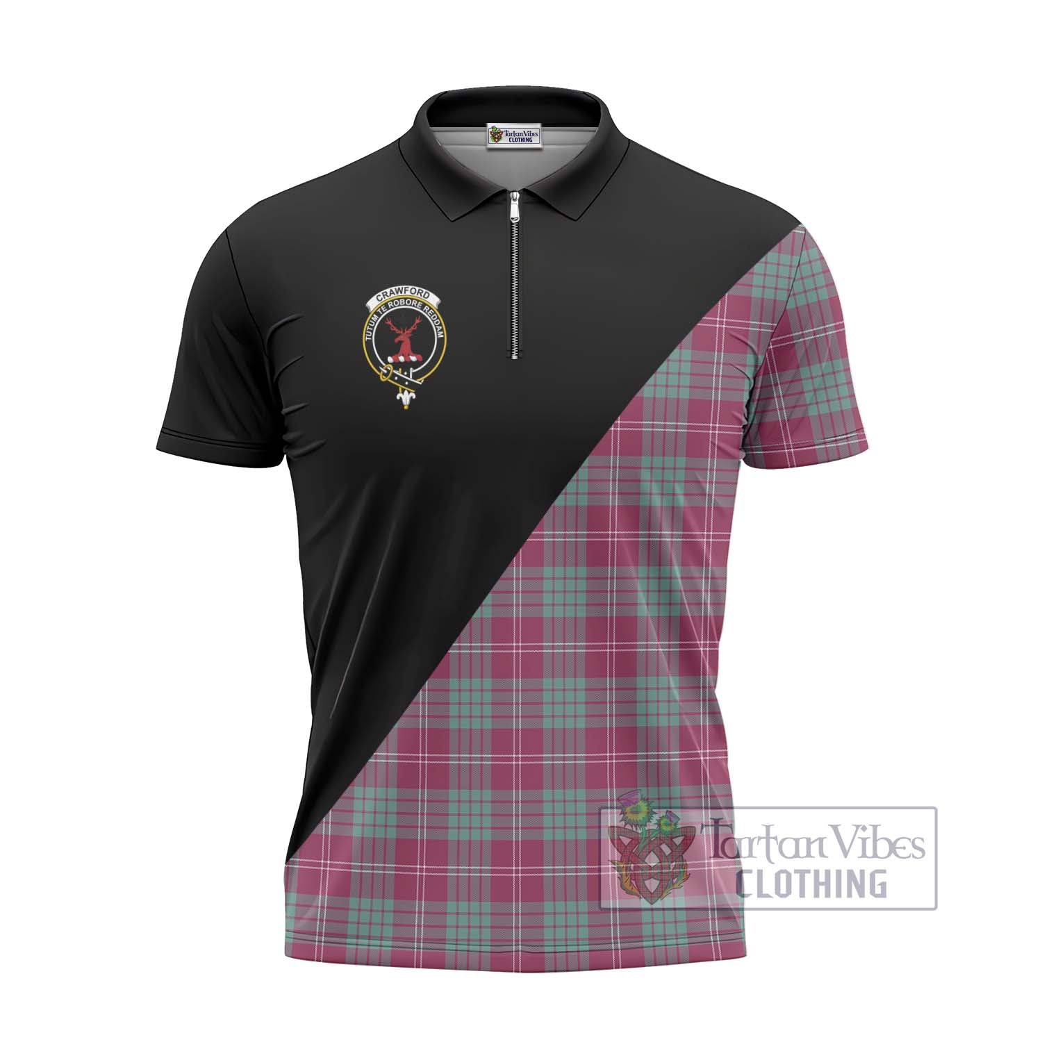 Tartan Vibes Clothing Crawford Ancient Tartan Zipper Polo Shirt with Family Crest and Military Logo Style