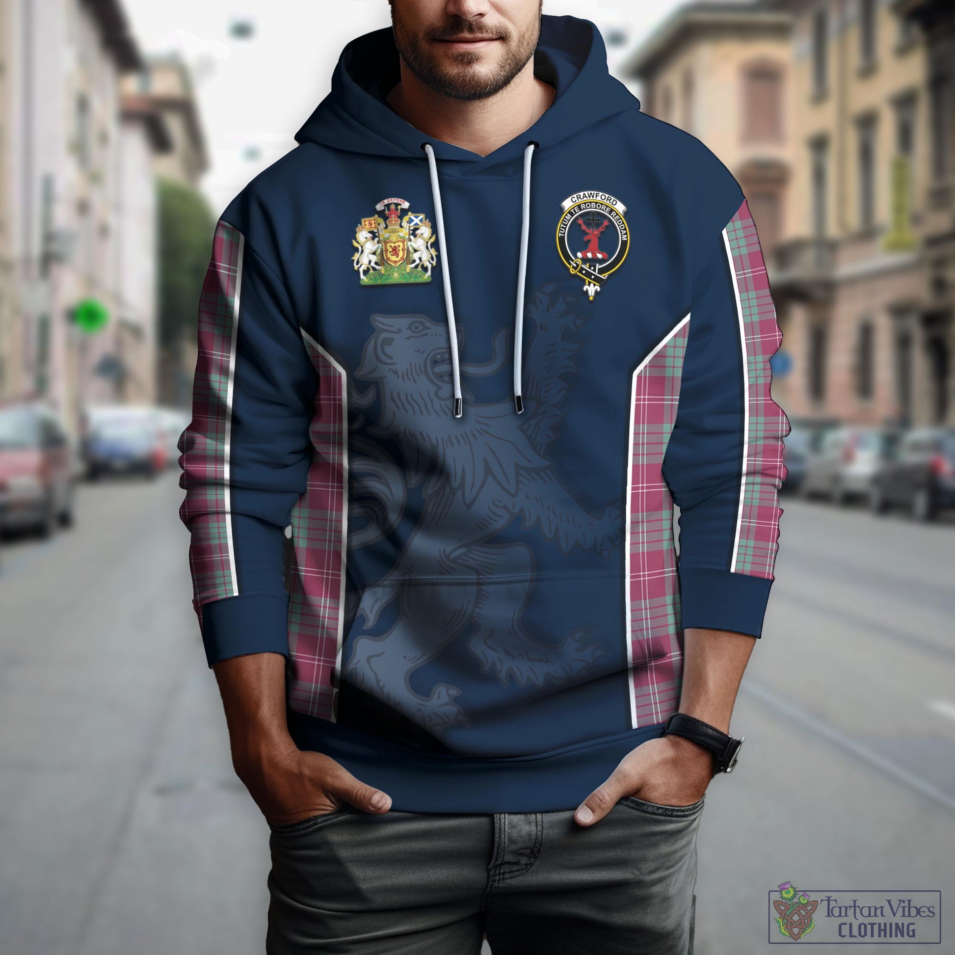 Tartan Vibes Clothing Crawford Ancient Tartan Hoodie with Family Crest and Lion Rampant Vibes Sport Style