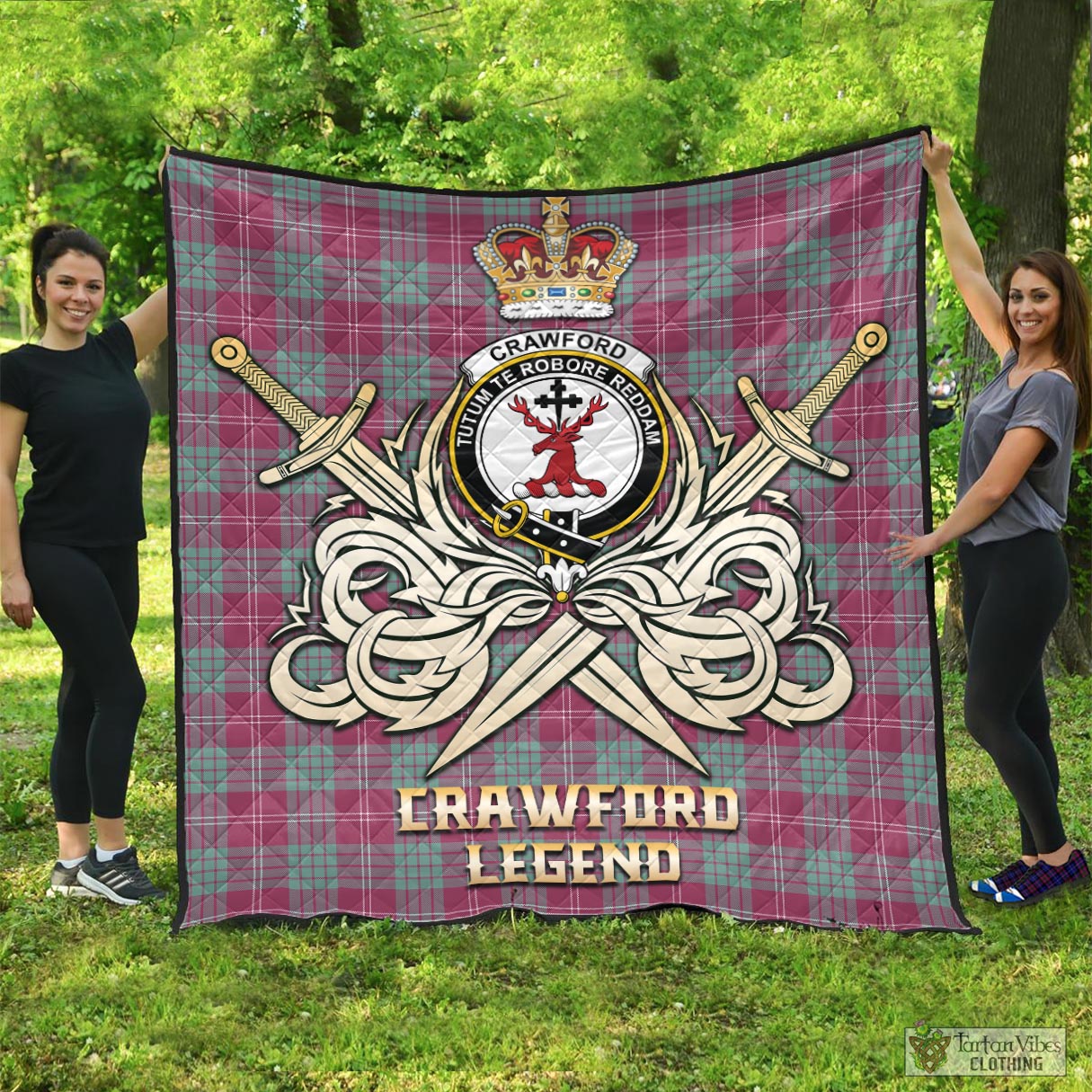 Tartan Vibes Clothing Crawford Ancient Tartan Quilt with Clan Crest and the Golden Sword of Courageous Legacy