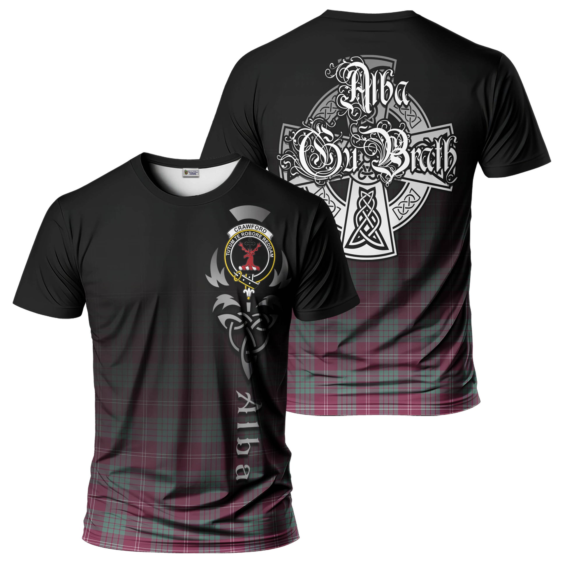 Tartan Vibes Clothing Crawford Ancient Tartan T-Shirt Featuring Alba Gu Brath Family Crest Celtic Inspired