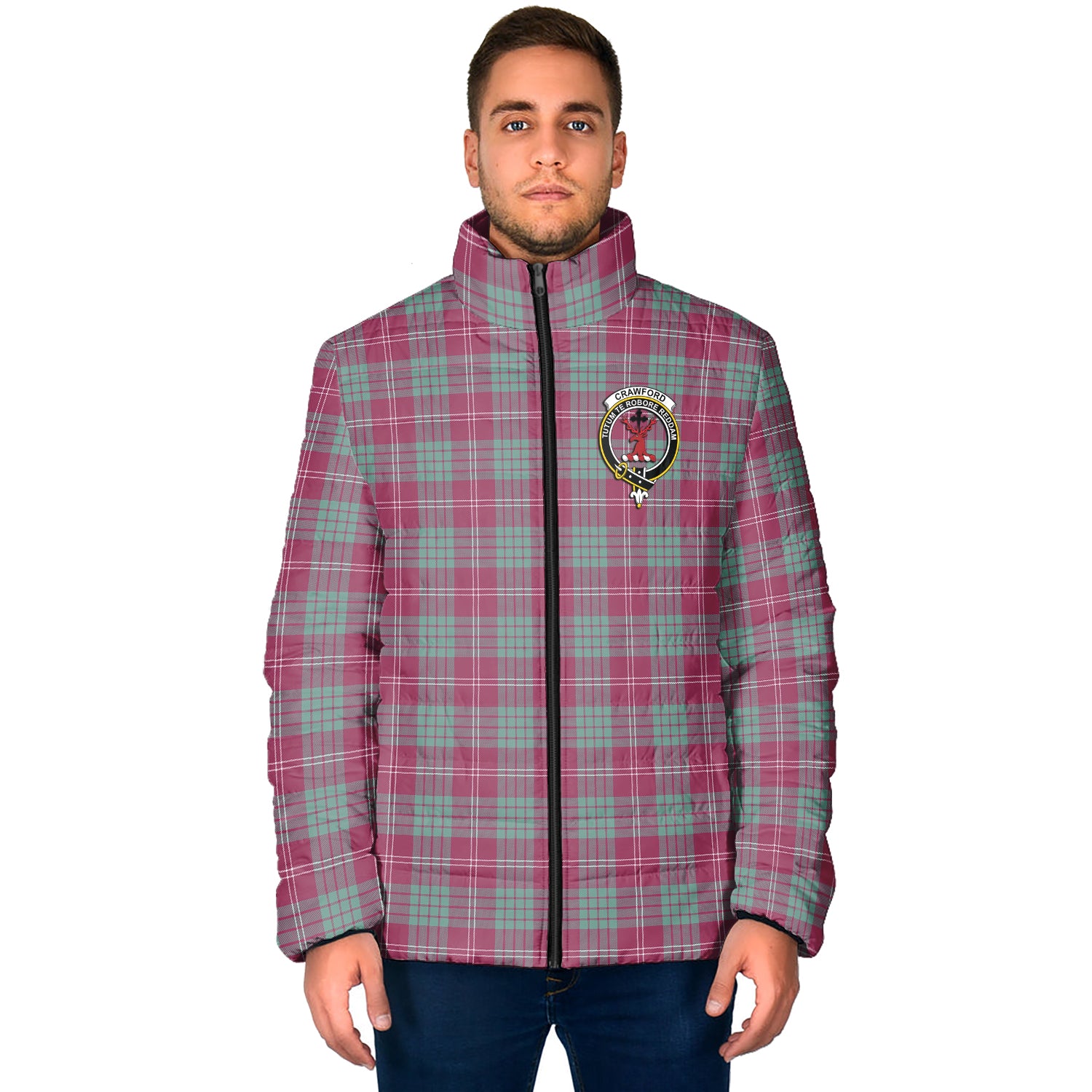 Crawford Ancient Tartan Padded Jacket with Family Crest - Tartanvibesclothing