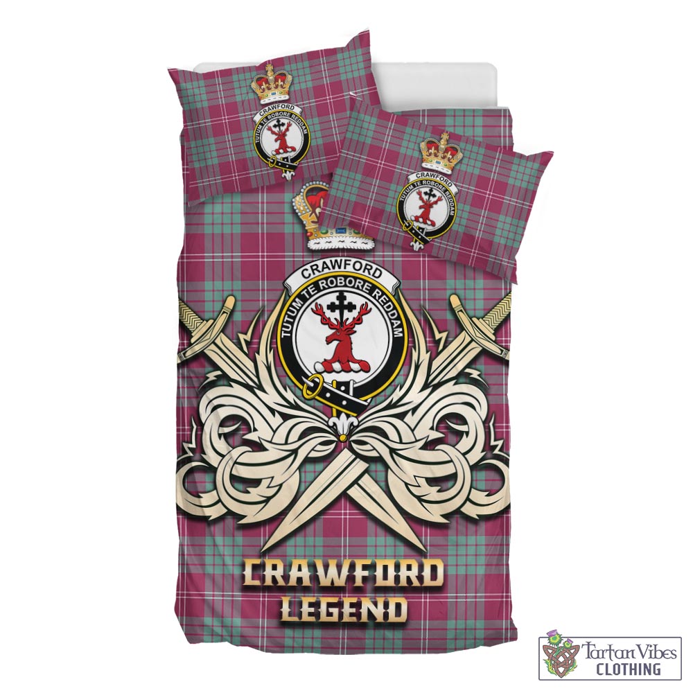 Tartan Vibes Clothing Crawford Ancient Tartan Bedding Set with Clan Crest and the Golden Sword of Courageous Legacy