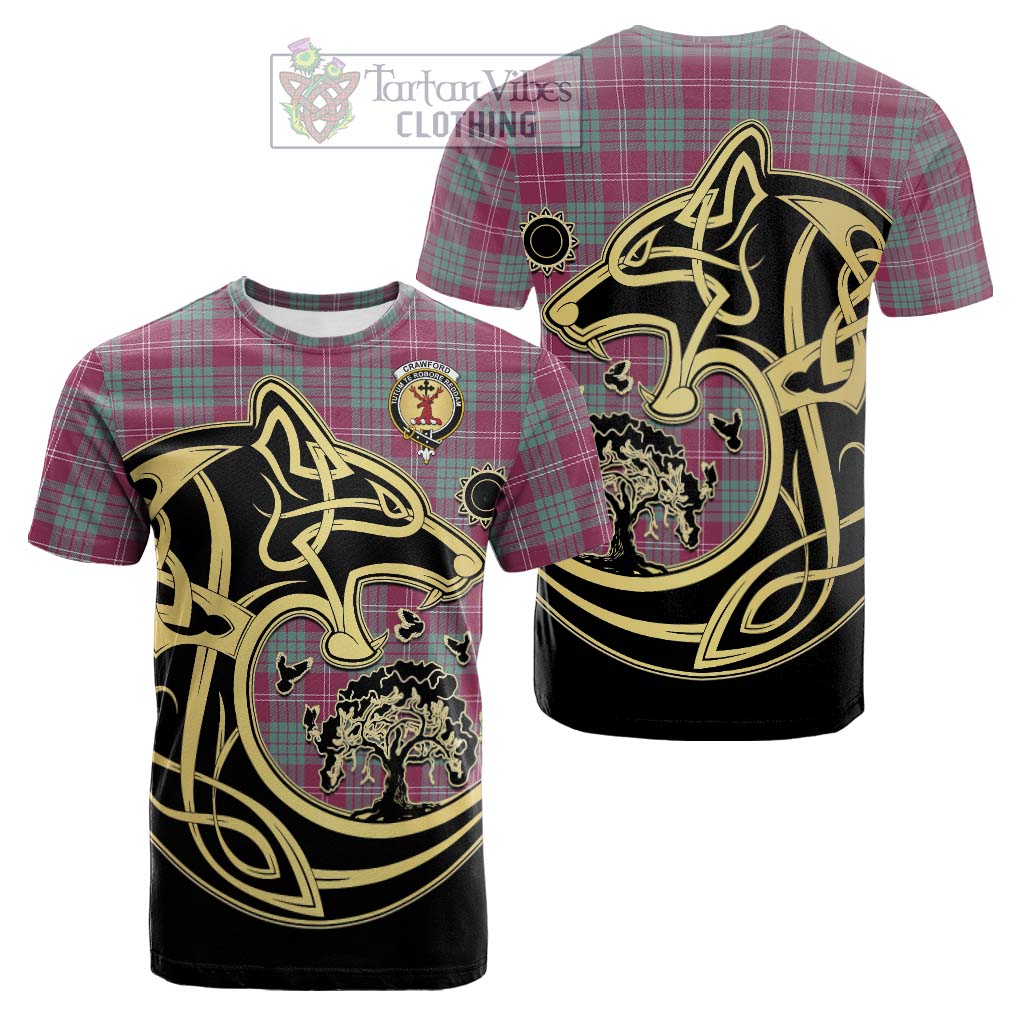 Tartan Vibes Clothing Crawford Ancient Tartan Cotton T-shirt with Family Crest Celtic Wolf Style