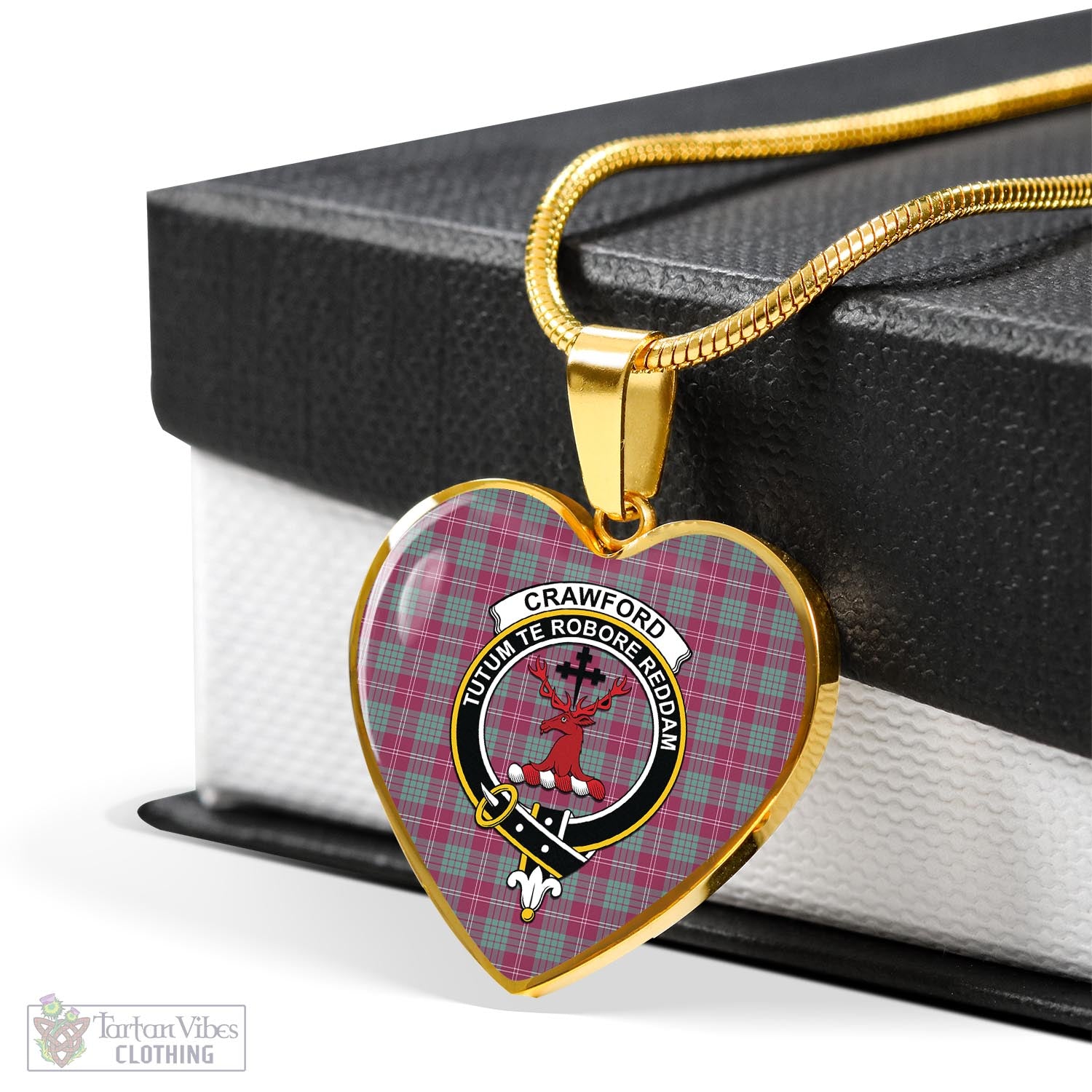 Tartan Vibes Clothing Crawford Ancient Tartan Heart Necklace with Family Crest