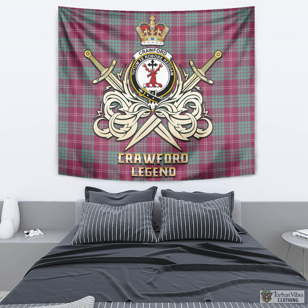 Tartan Vibes Clothing Crawford Ancient Tartan Tapestry with Clan Crest and the Golden Sword of Courageous Legacy