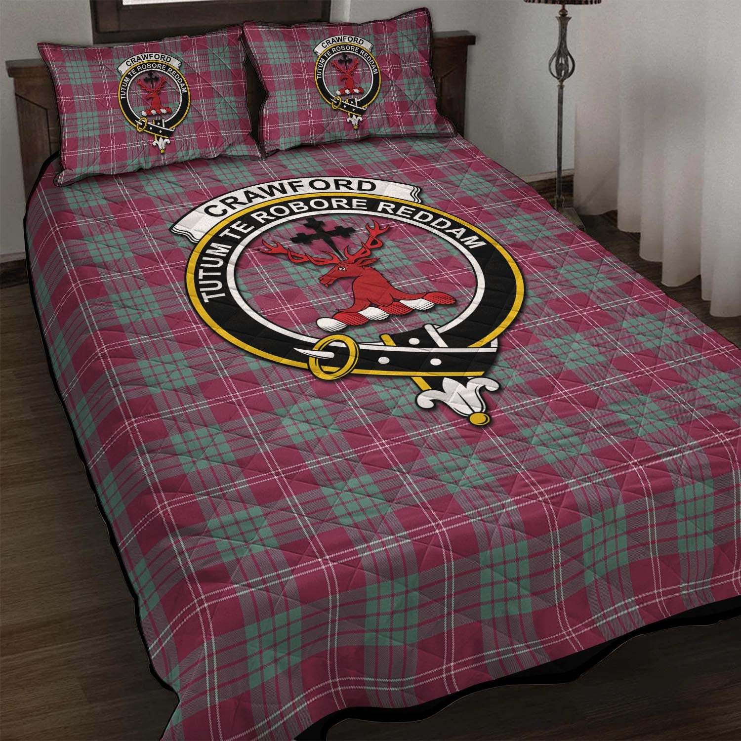 Crawford Ancient Tartan Quilt Bed Set with Family Crest - Tartanvibesclothing