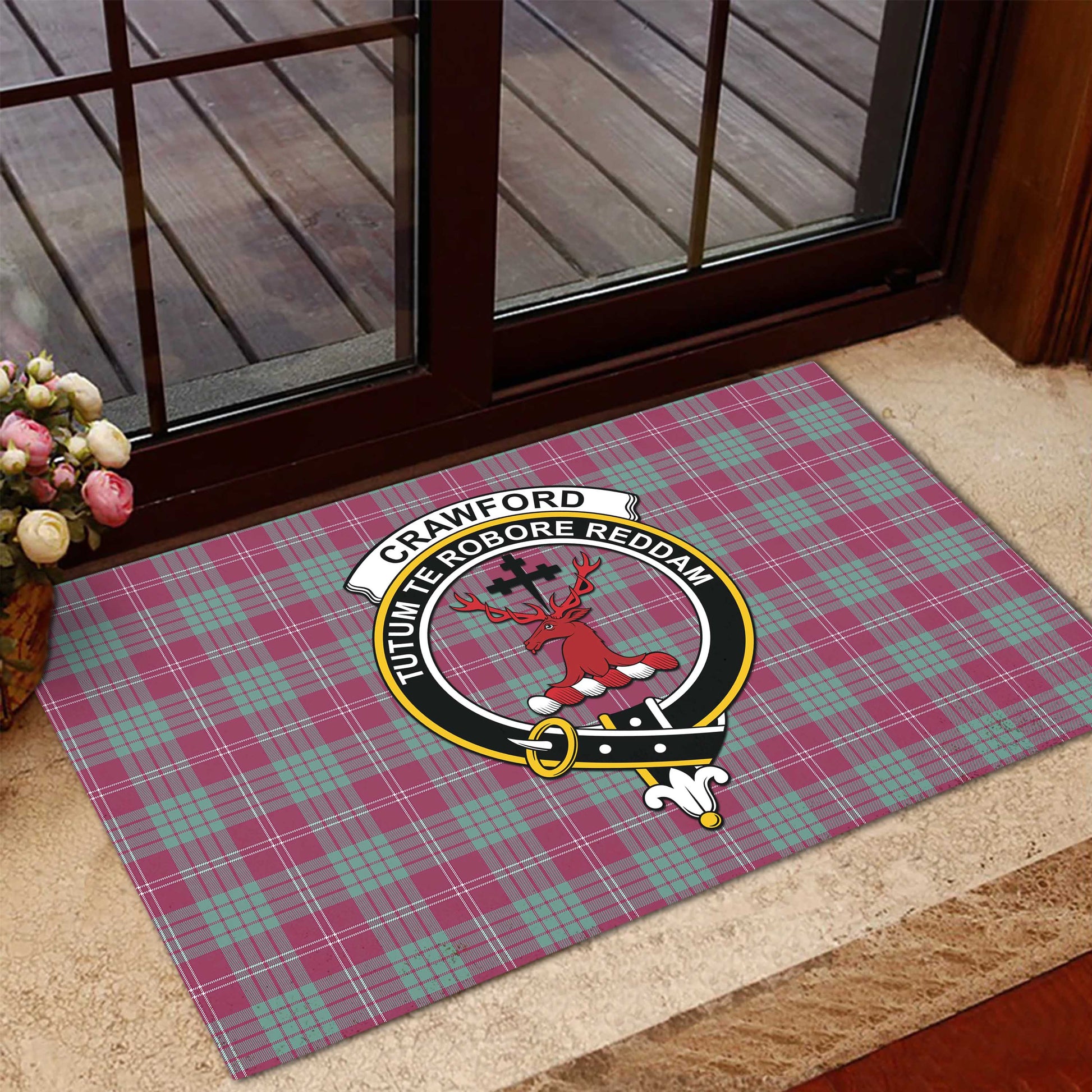 Crawford Ancient Tartan Door Mat with Family Crest - Tartanvibesclothing