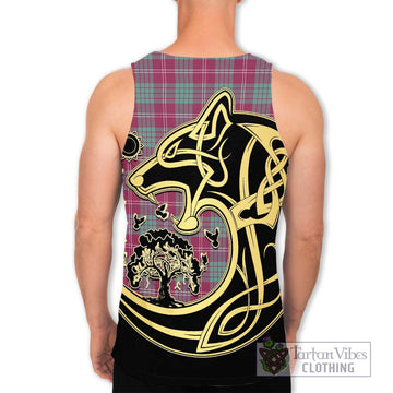 Crawford Ancient Tartan Men's Tank Top with Family Crest Celtic Wolf Style