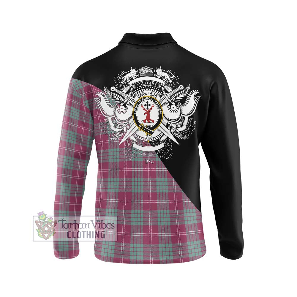 Tartan Vibes Clothing Crawford Ancient Tartan Long Sleeve Polo Shirt with Family Crest and Military Logo Style