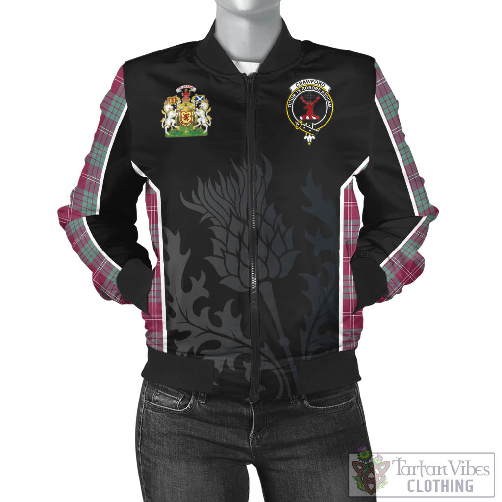 Tartan Vibes Clothing Crawford Ancient Tartan Bomber Jacket with Family Crest and Scottish Thistle Vibes Sport Style