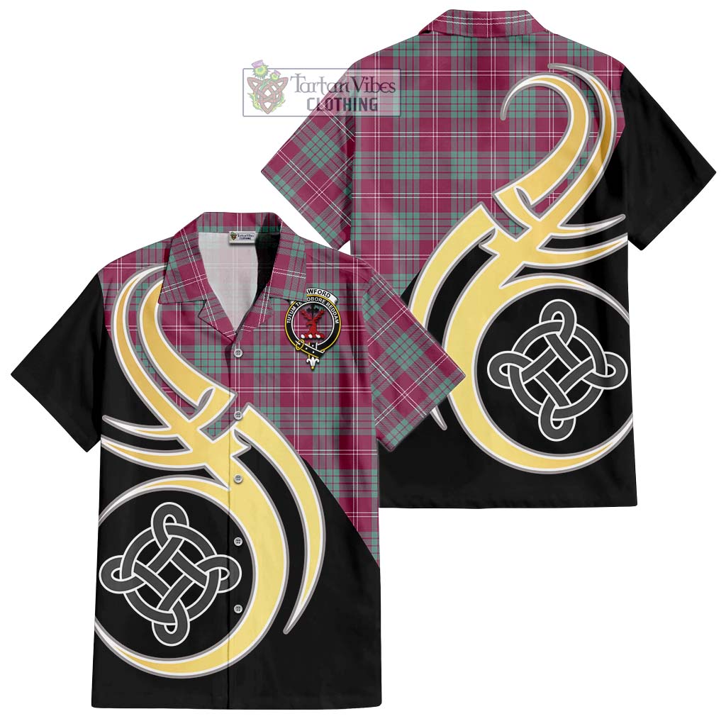 Tartan Vibes Clothing Crawford Ancient Tartan Short Sleeve Button Shirt with Family Crest and Celtic Symbol Style