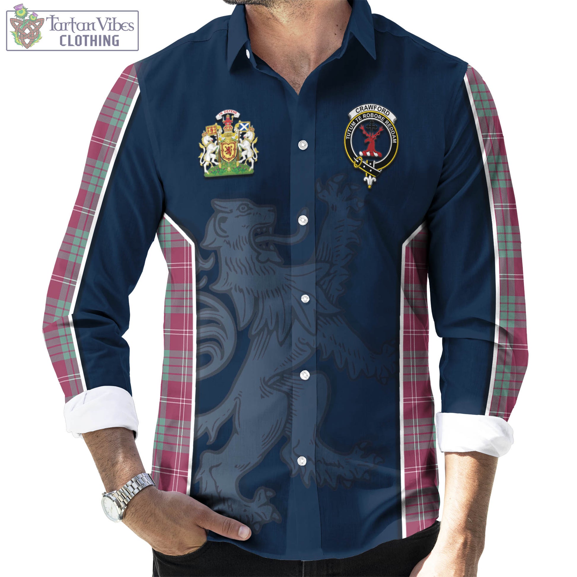 Tartan Vibes Clothing Crawford Ancient Tartan Long Sleeve Button Up Shirt with Family Crest and Lion Rampant Vibes Sport Style