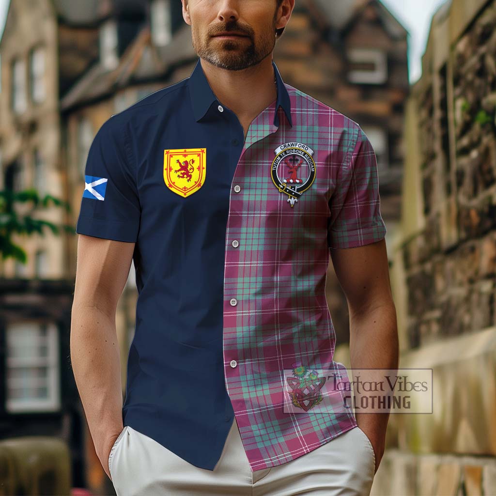 Tartan Vibes Clothing Crawford Ancient Tartan Short Sleeve Button Shirt with Scottish Lion Royal Arm Half Style