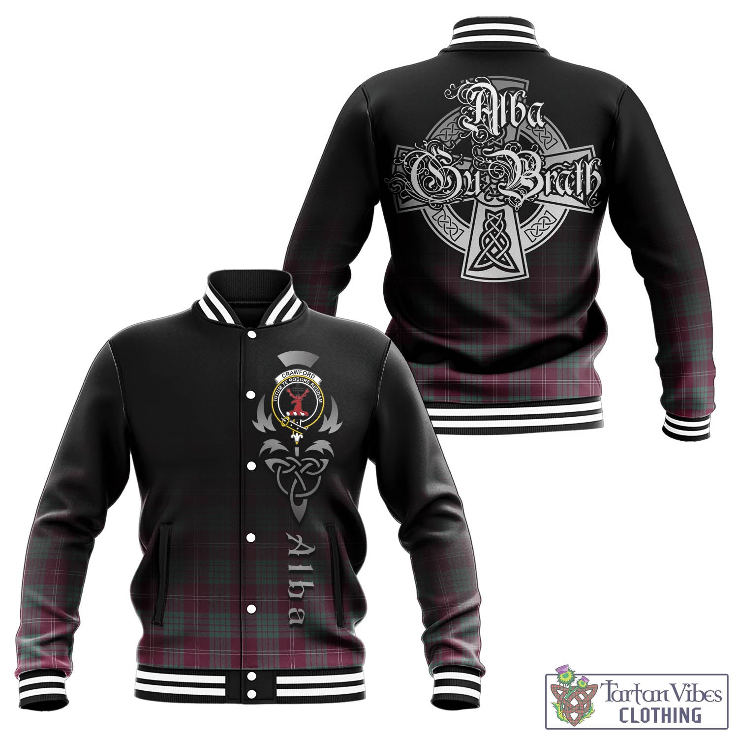 Tartan Vibes Clothing Crawford Ancient Tartan Baseball Jacket Featuring Alba Gu Brath Family Crest Celtic Inspired