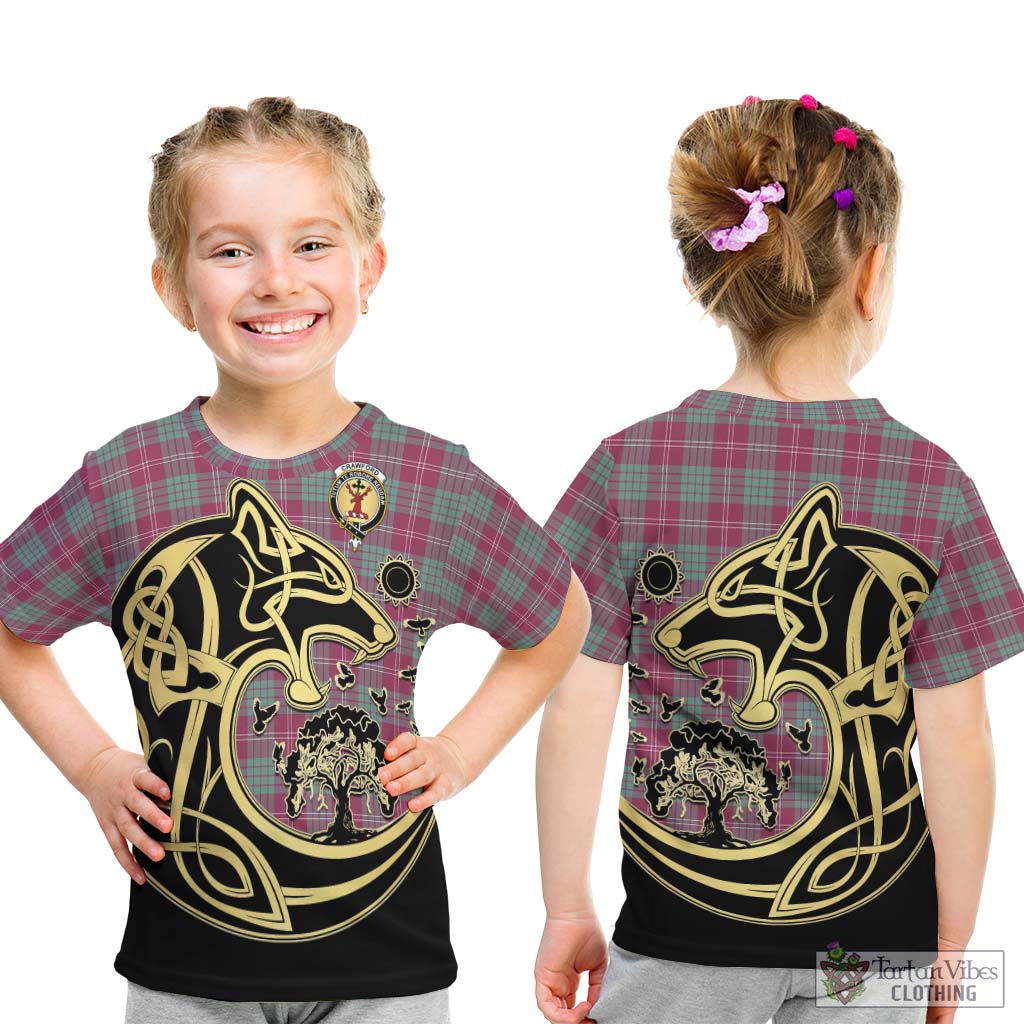 Tartan Vibes Clothing Crawford Ancient Tartan Kid T-Shirt with Family Crest Celtic Wolf Style