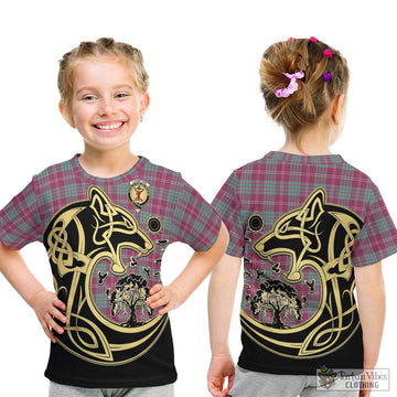 Crawford Ancient Tartan Kid T-Shirt with Family Crest Celtic Wolf Style