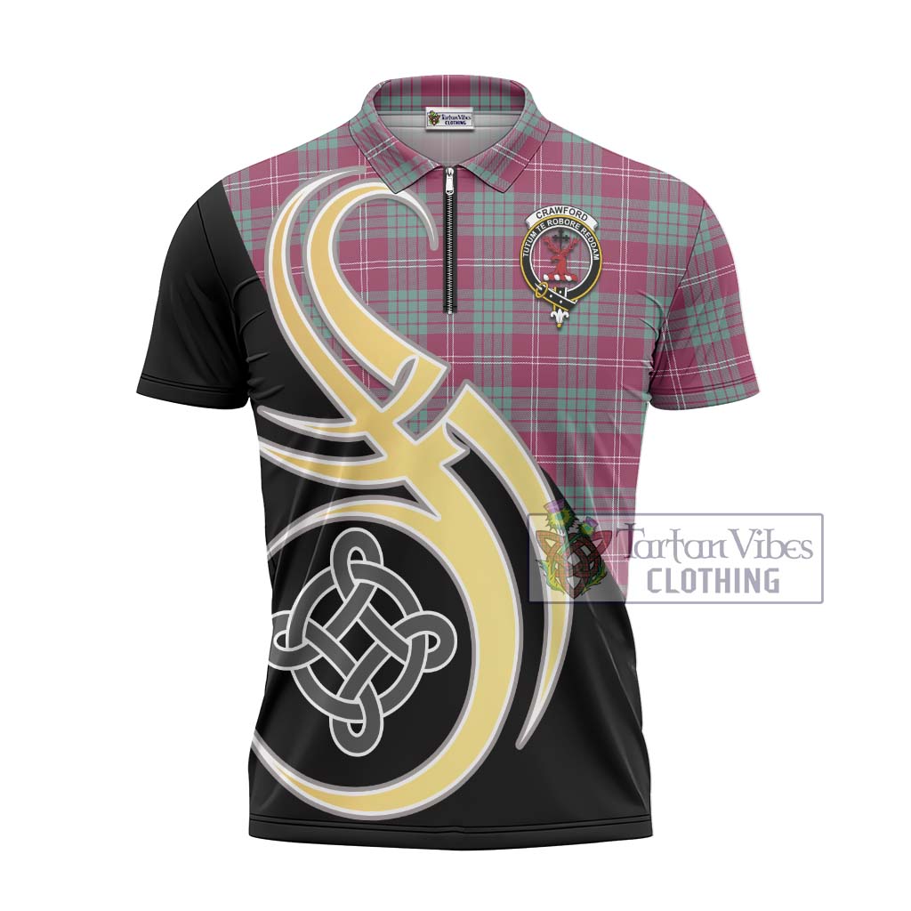 Tartan Vibes Clothing Crawford Ancient Tartan Zipper Polo Shirt with Family Crest and Celtic Symbol Style