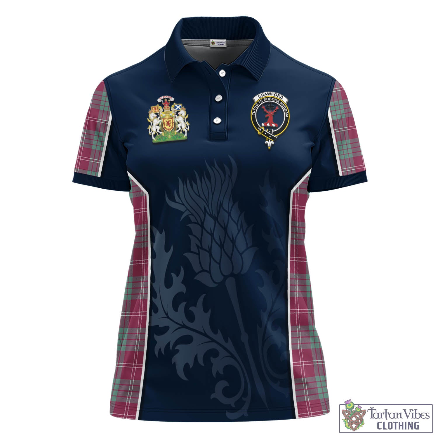 Tartan Vibes Clothing Crawford Ancient Tartan Women's Polo Shirt with Family Crest and Scottish Thistle Vibes Sport Style