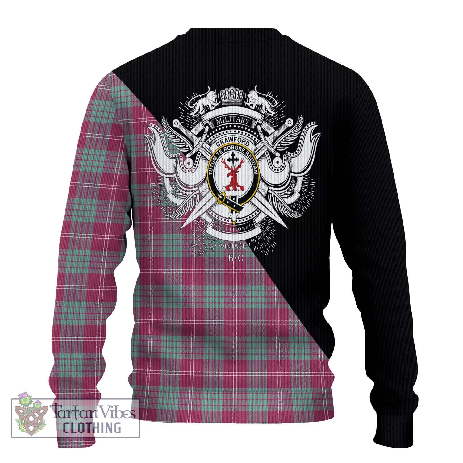 Tartan Vibes Clothing Crawford Ancient Tartan Knitted Sweater with Family Crest and Military Logo Style