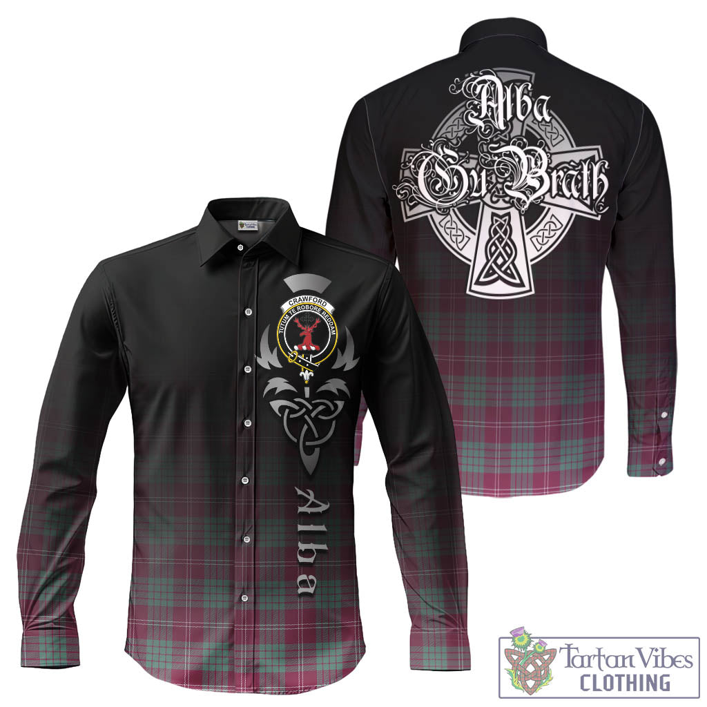 Tartan Vibes Clothing Crawford Ancient Tartan Long Sleeve Button Up Featuring Alba Gu Brath Family Crest Celtic Inspired