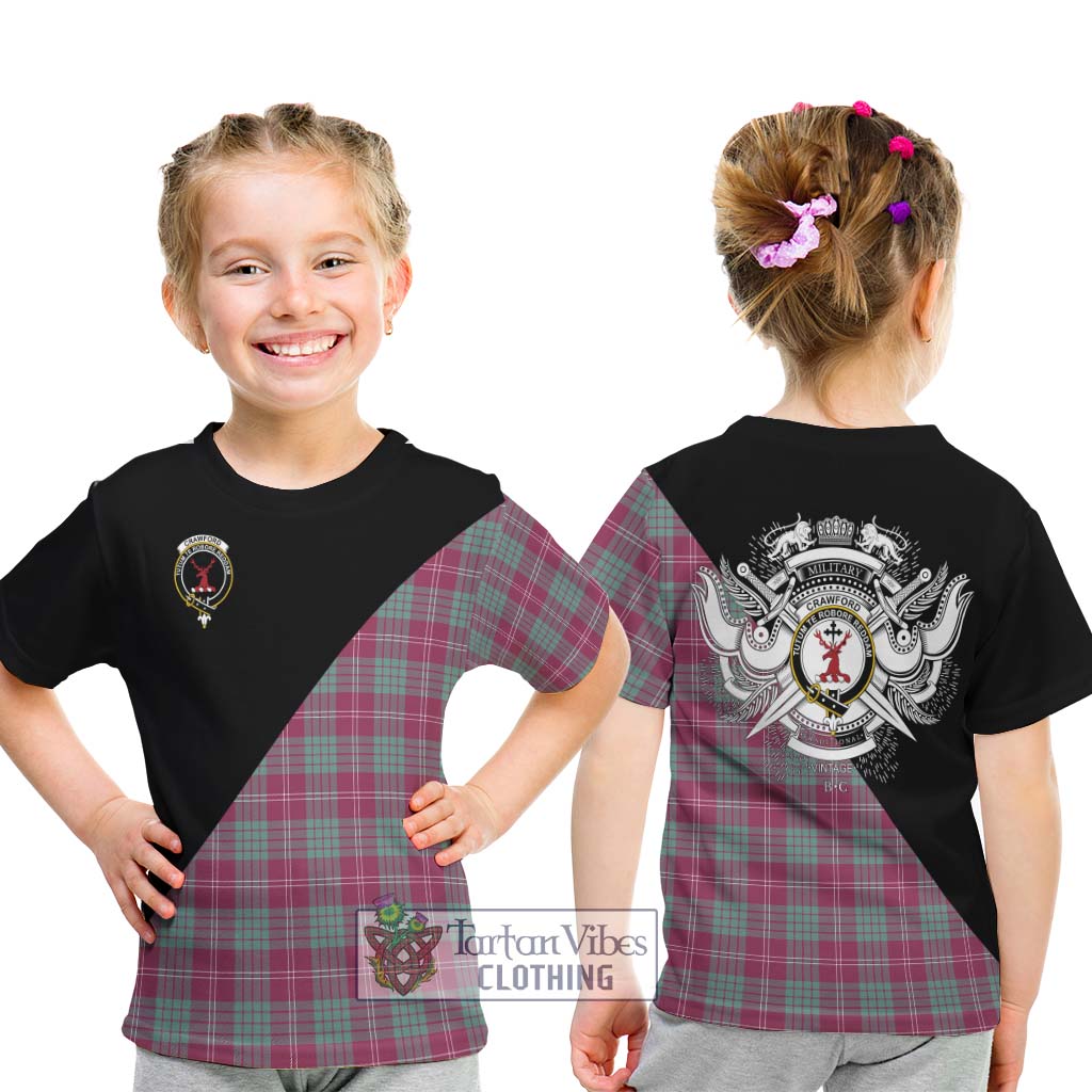 Tartan Vibes Clothing Crawford Ancient Tartan Kid T-Shirt with Family Crest and Military Logo Style